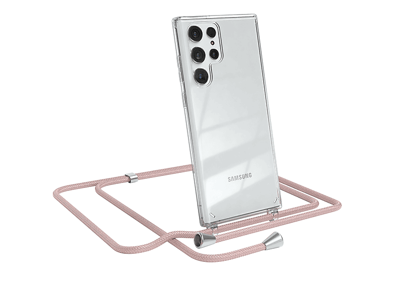 EAZY CASE Clear Cover mit Umhängeband, Umhängetasche, Samsung, Galaxy S22 Ultra 5G, Rosé / Clips Silber