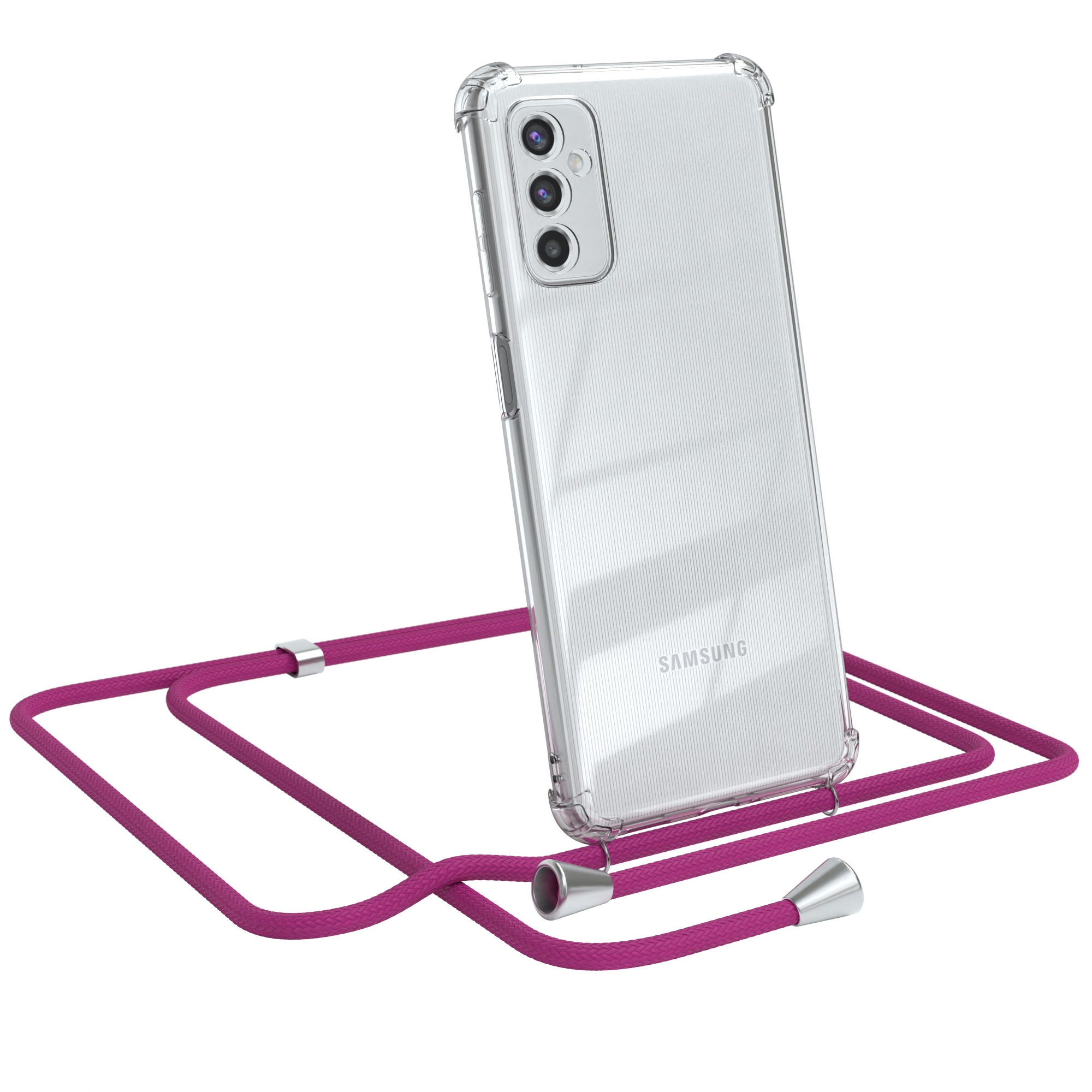 Transparente Handyhülle mit pinkfarbenem Band. Samsung-Handy sichtbar. Weißer Hintergrund.