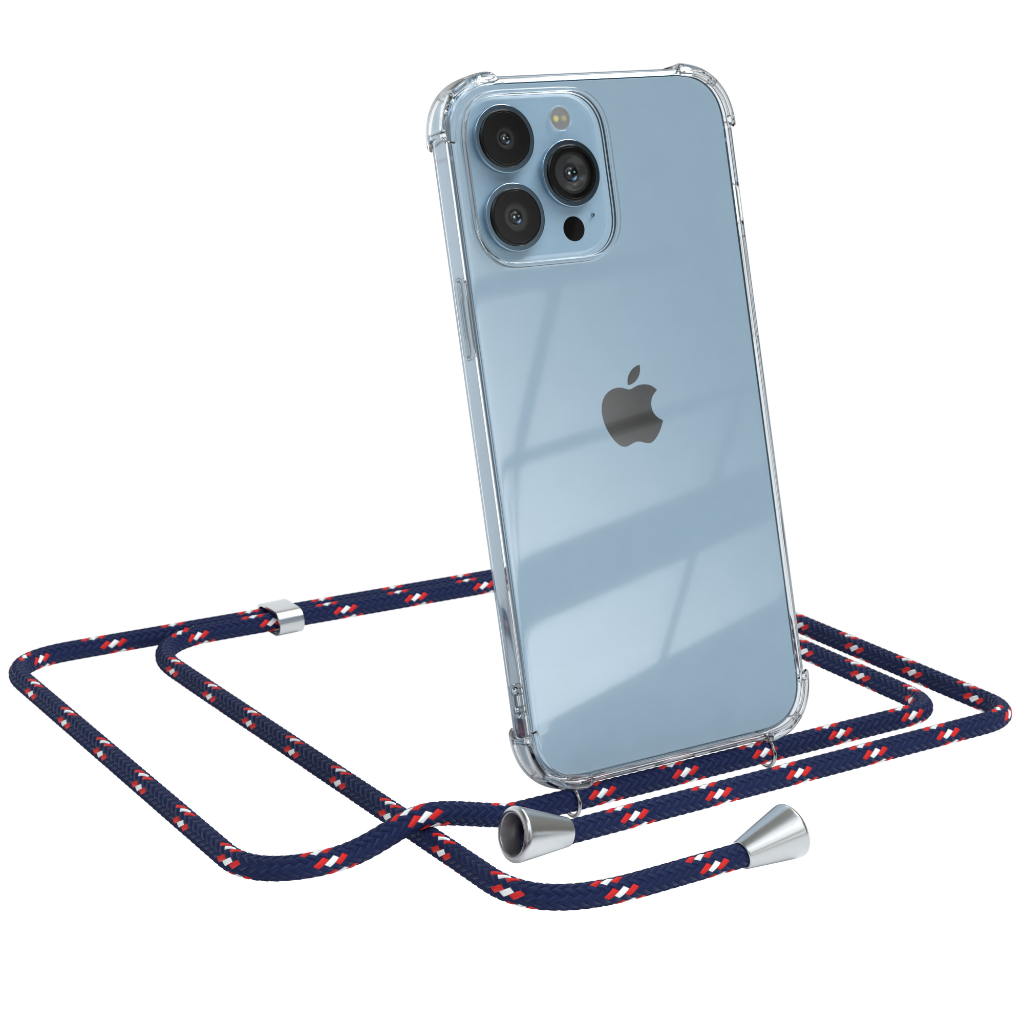 Transparente Handyhülle mit marineblauem, rotem und weißem Lanyard. Das Telefon ist ein iPhone mit Apple-Logo.