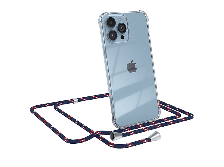 EAZY CASE Clear Cover mit Umhängeband, Umhängetasche, Apple, iPhone 13 Pro Max, Blau Camouflage / Clips Silber