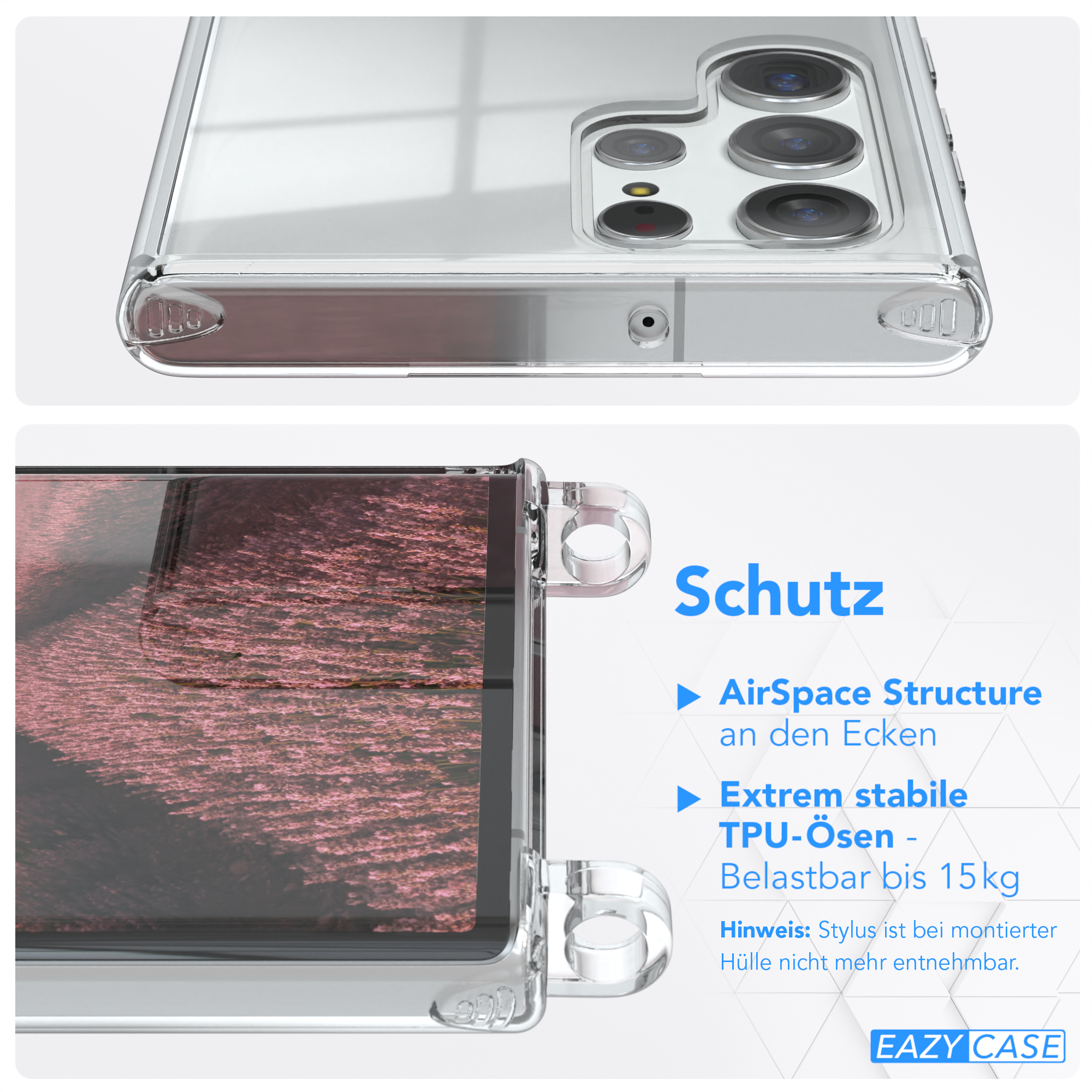Transparente Handyhülle schützt ein Telefon. Text zeigt 'AirSpace Structure', 'TPU-Ösen' und '15kg'.