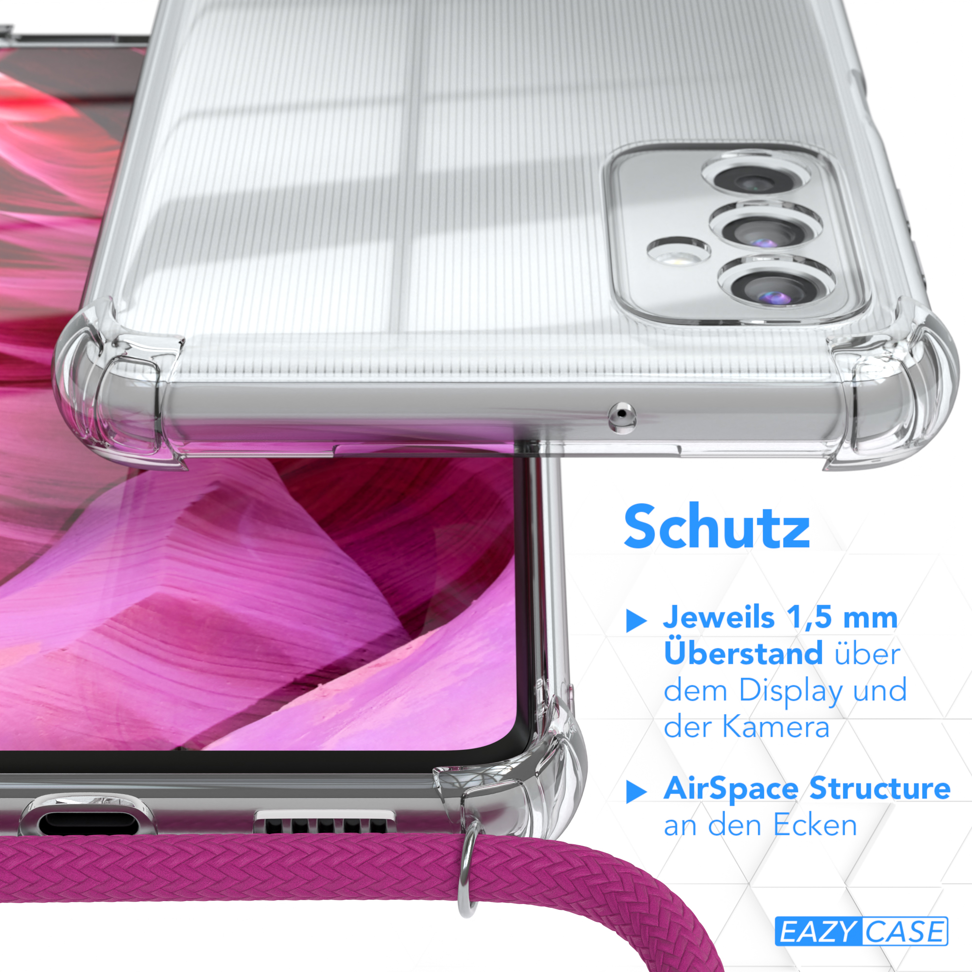 Nahaufnahme einer Handyhülle, mit Schutzmerkmalen in einer Grafik hervorgehoben, und einer rosa Kordel.