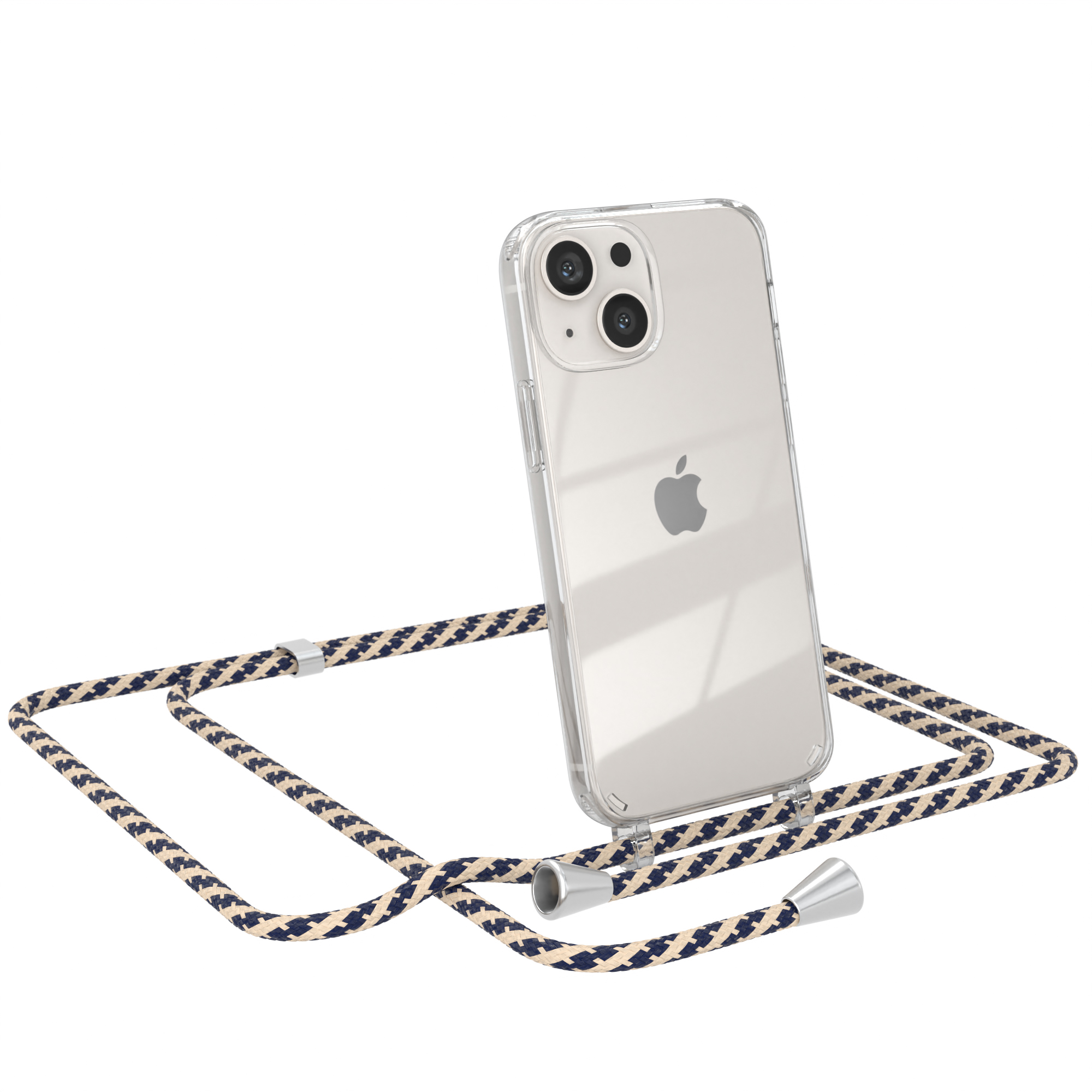 Transparente Hülle mit blau-cremefarbenem Schlüsselband. Abgewinkeltes Telefon. Weißer Hintergrund.