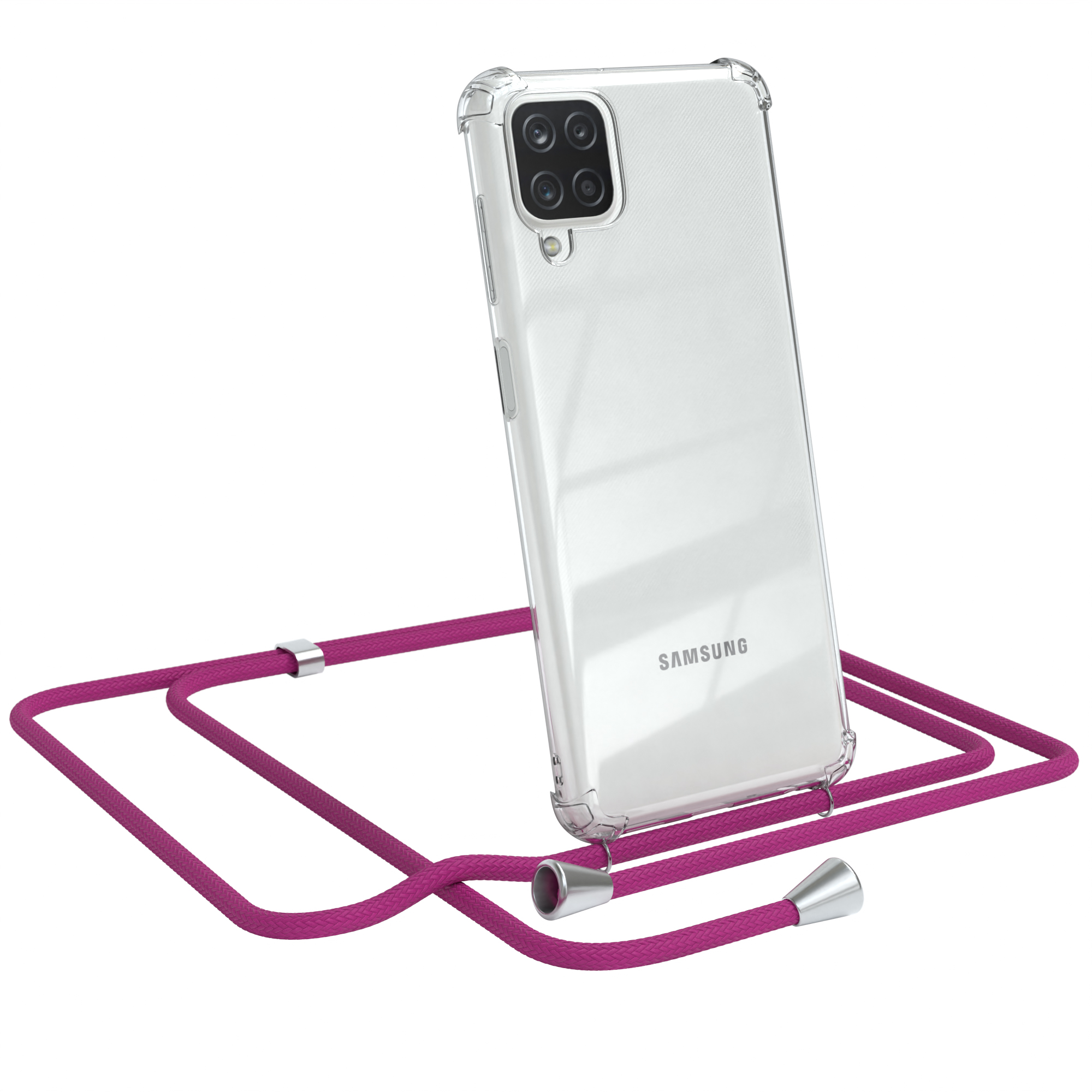 Eine transparente Handyhülle mit pinkfarbenem Umhängeband. Samsung-Telefon ist darin.