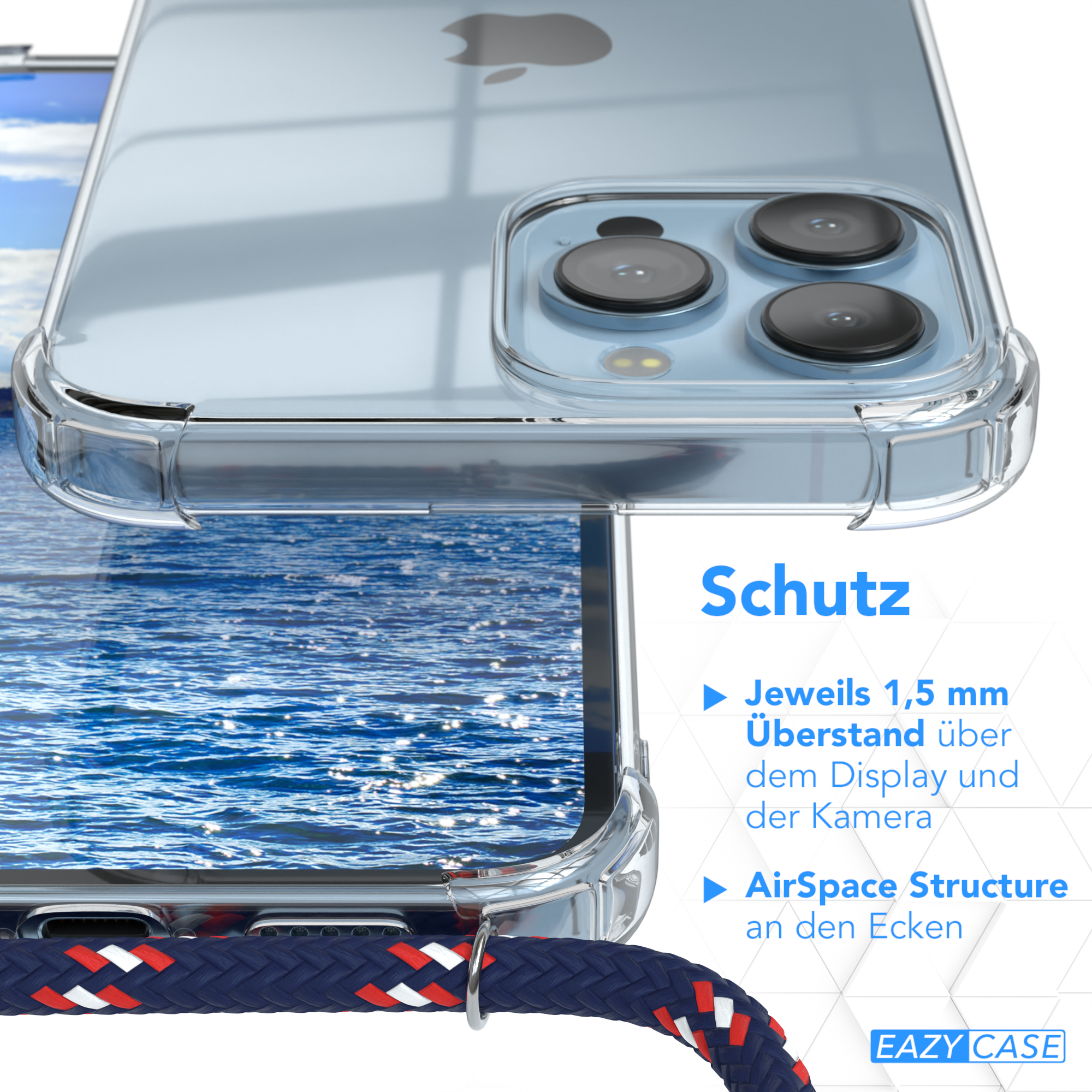 Transparente Handyhülle mit einem Telefon darin. Details zur Hülle werden gezeigt. Nahaufnahme.