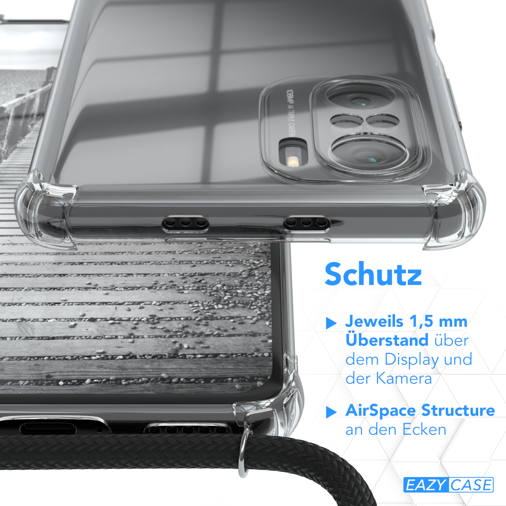Nahaufnahme einer Handyhülle mit schwarzem Umhängeband. Unscharfer Hintergrund, Accessoires.