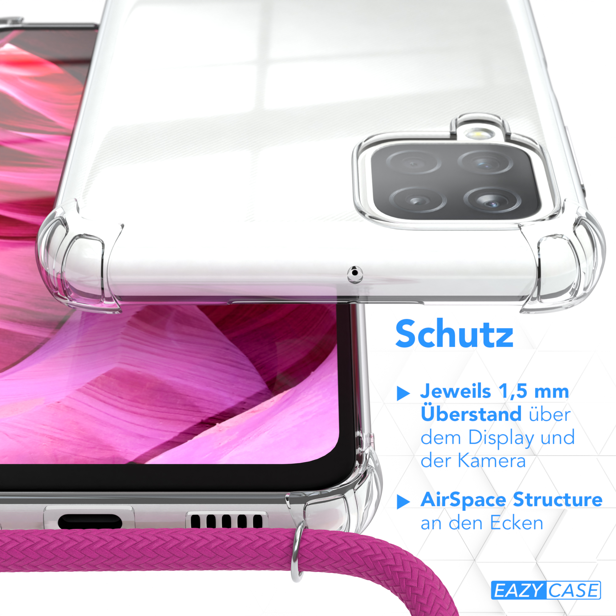 Umhängeband, / A12, mit Silber Clips Umhängetasche, Clear Pink CASE Galaxy EAZY Cover Samsung,
