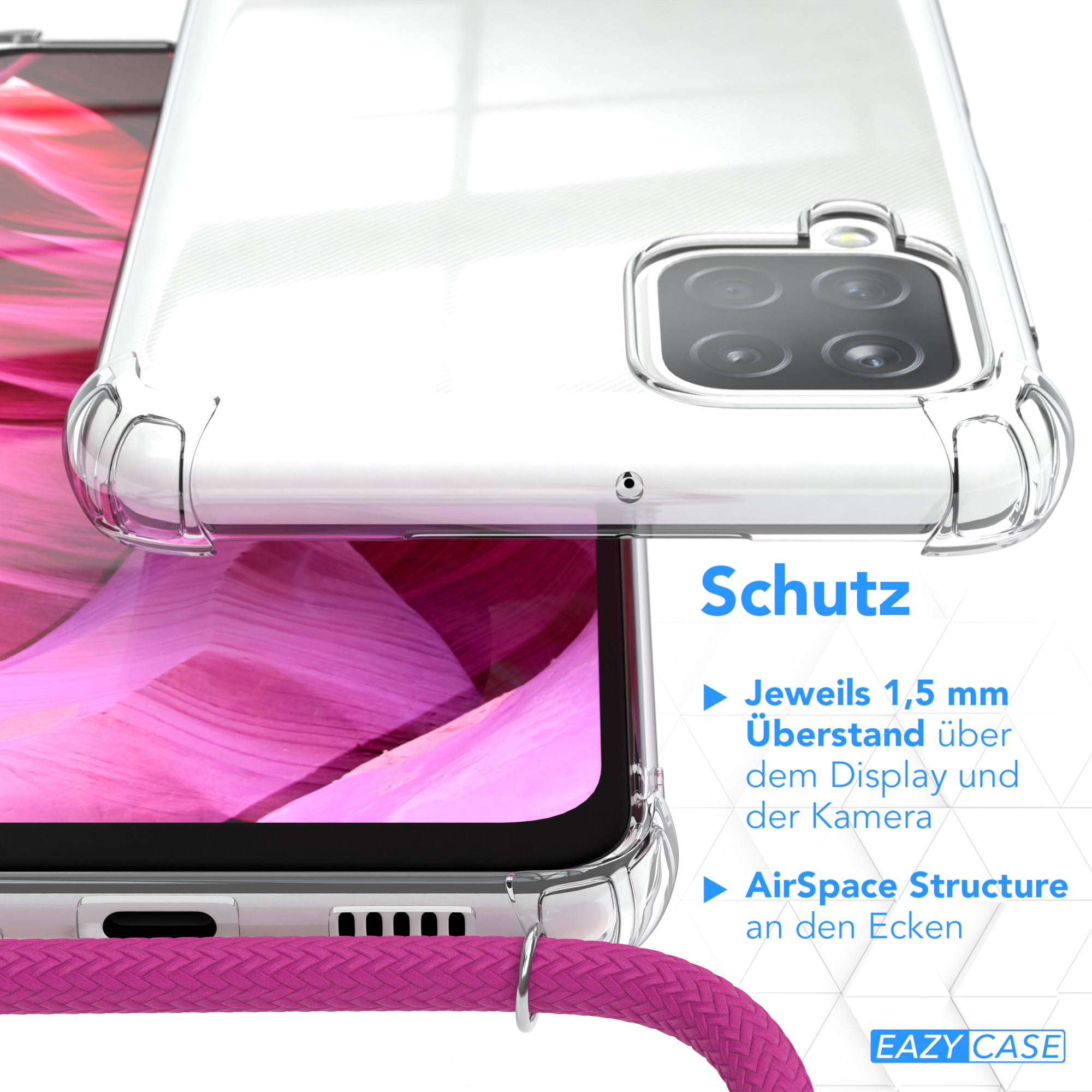 Eine transparente Handyhülle. Die Hülle befindet sich über einem Telefon, mit verschwommenem Hintergrund. Text beschreibt Schutz.