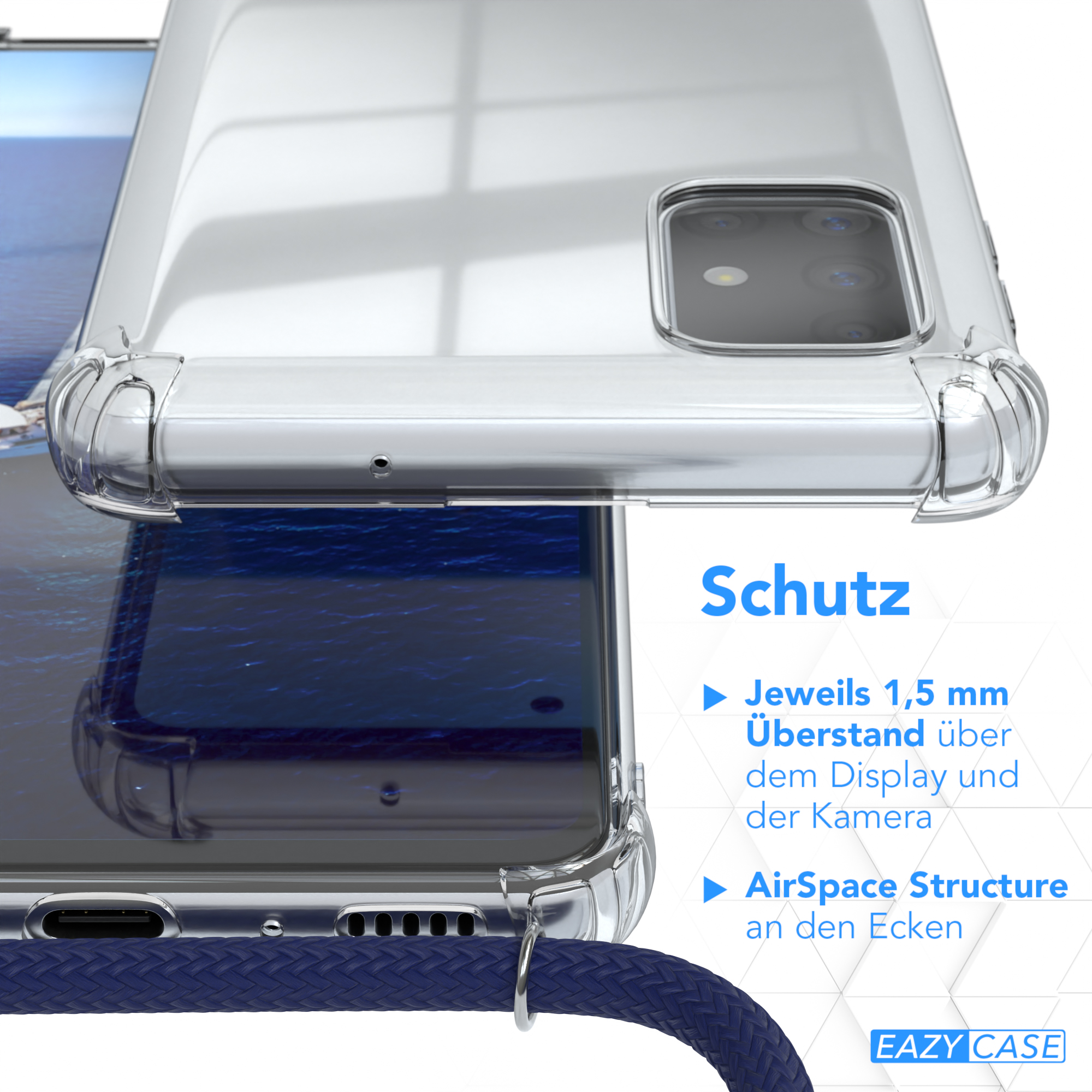 Transparente Handyhülle mit blauer Kordel. Im Hintergrund ein Lavendelfeld.