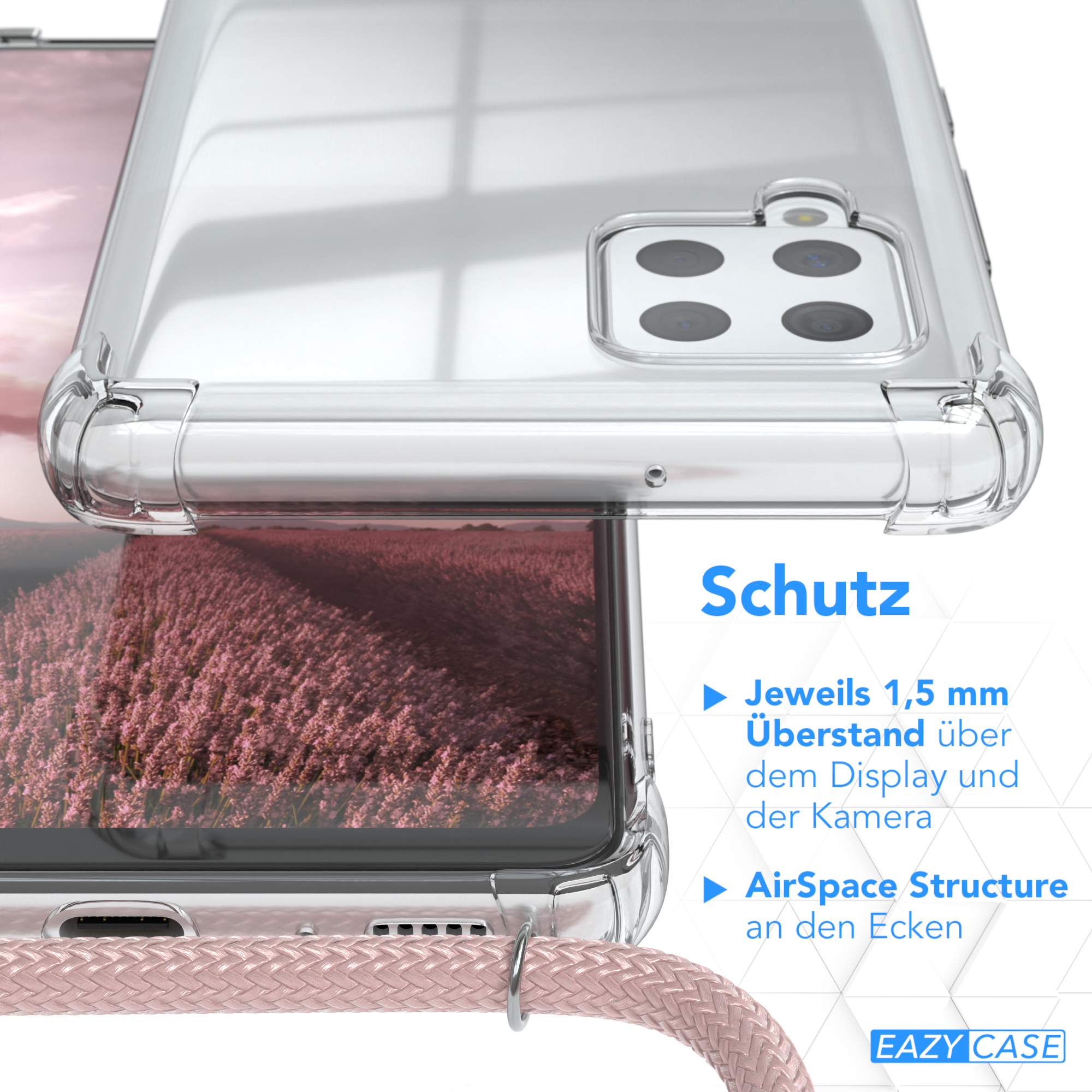 Transparente Handyhülle auf dem Telefon. Text sagt 'Schutz'. Rosa Seil und rosa Blumenfeldhintergrund.