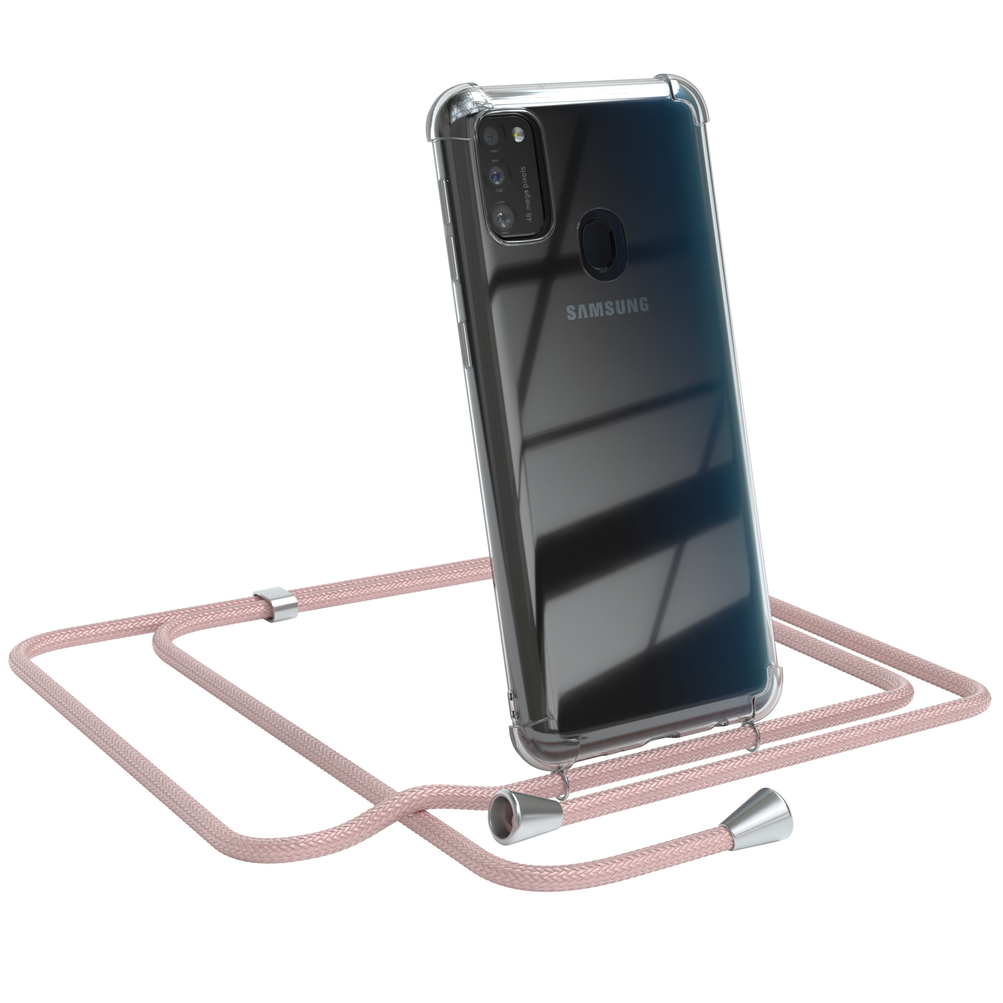 Transparente Handyhülle mit pinkfarbenem Schlüsselband. Telefon angewinkelt. Weißer Hintergrund.