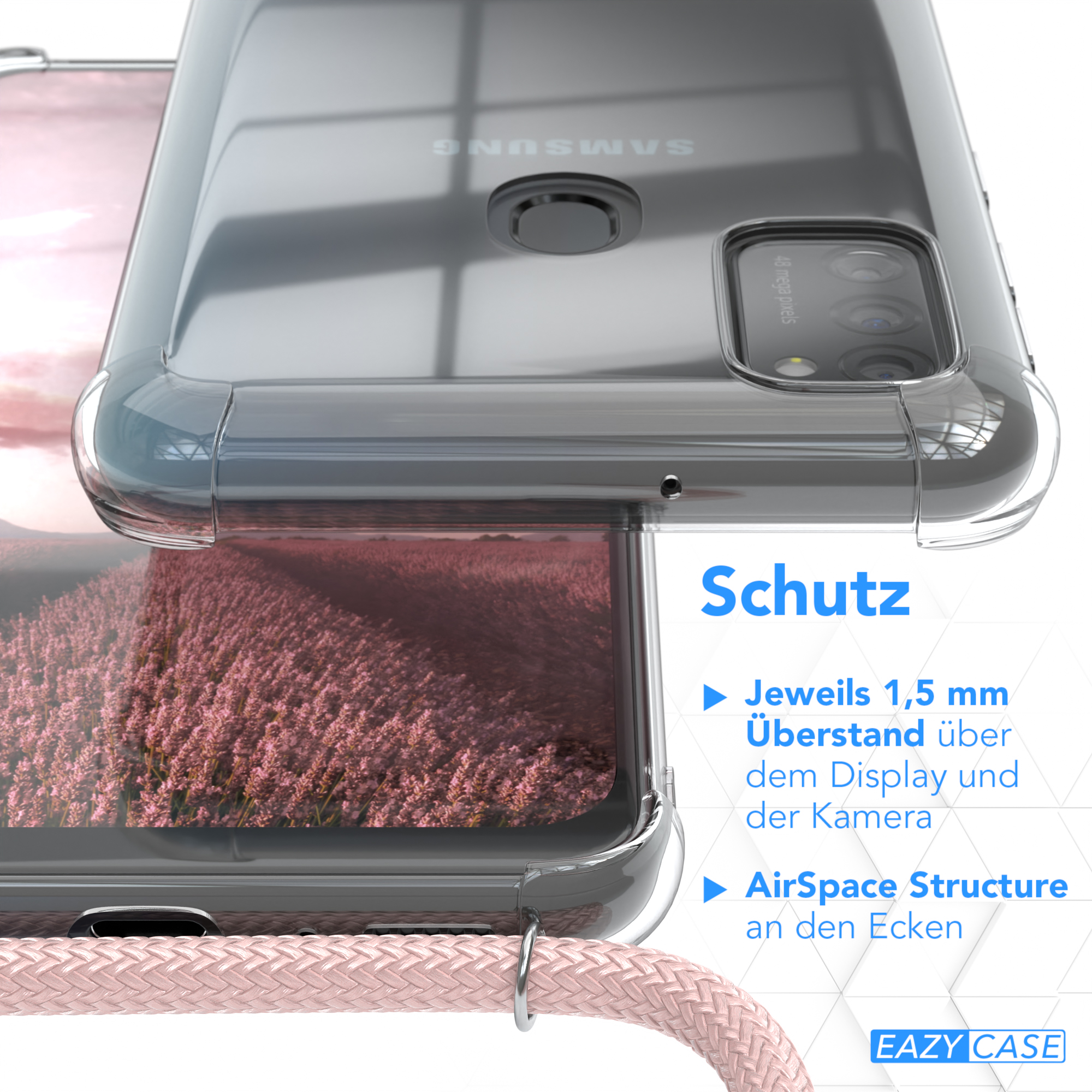 Nahaufnahme einer Handyhülle mit rosa Band. Design- und Schutzmerkmale sind vor einem Hintergrund sichtbar.