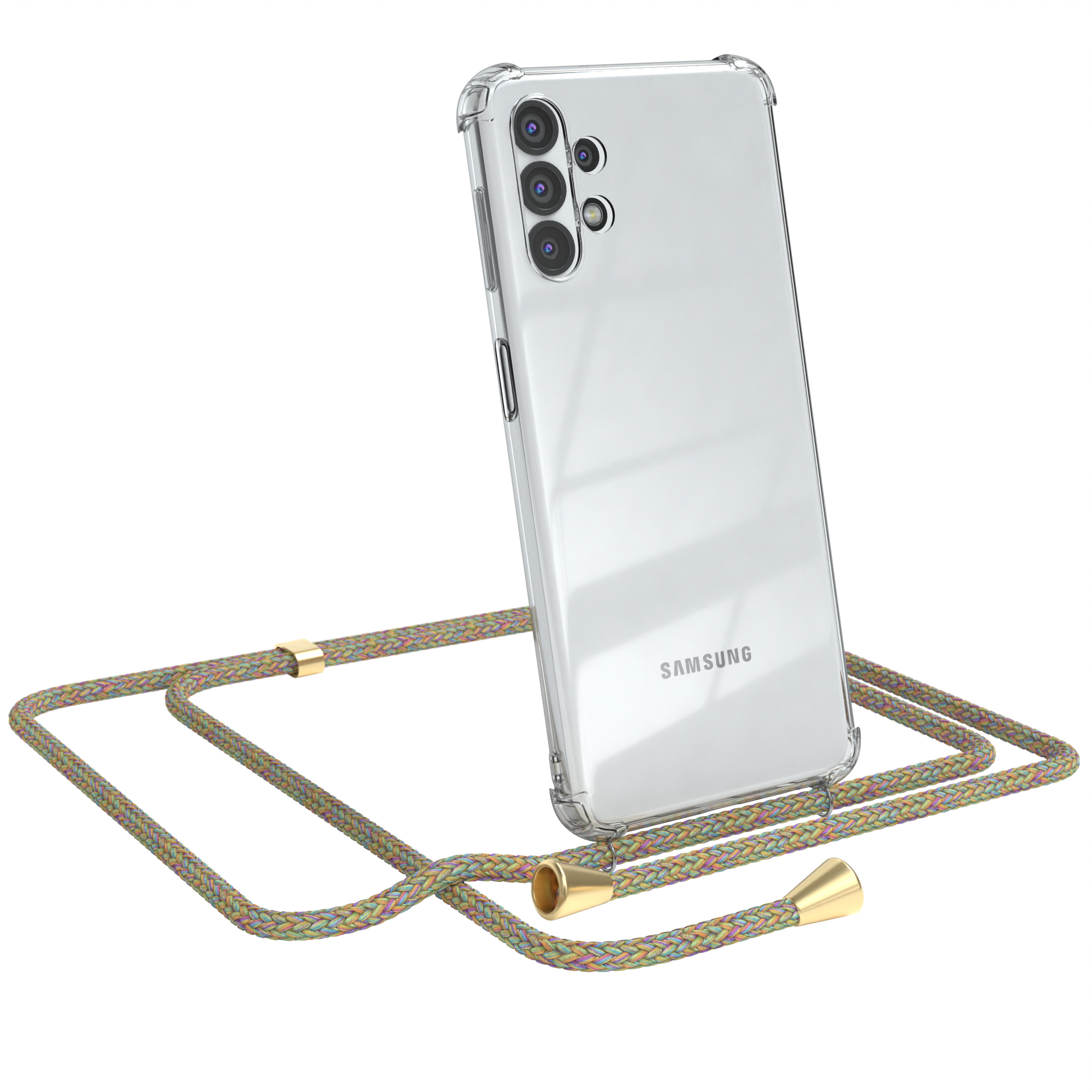 Telefon in klarer Hülle mit mehrfarbigem Umhängeband, auf weißem Hintergrund.