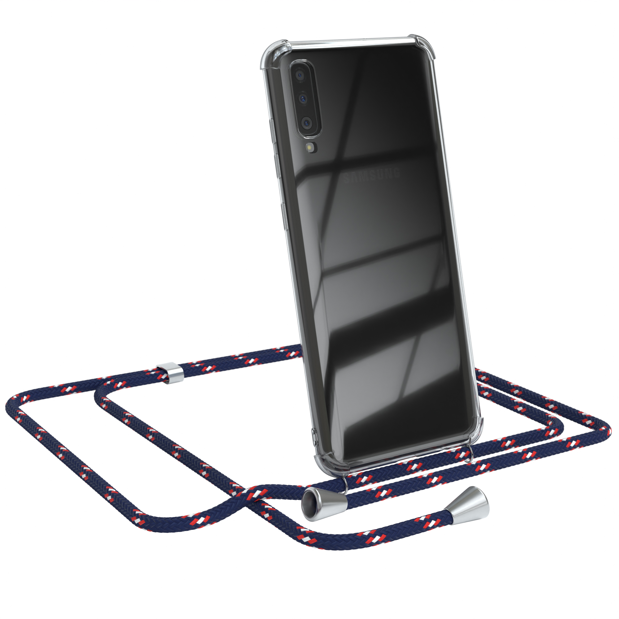 Transparente Handyhülle mit blau-rotem Umhängeband. Das Telefon hat eine Kamera, es ist ein Samsung.