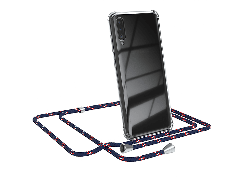 EAZY CASE Clear Cover mit Umhängeband, Umhängetasche, Samsung, Galaxy A70, Blau Camouflage / Clips Silber