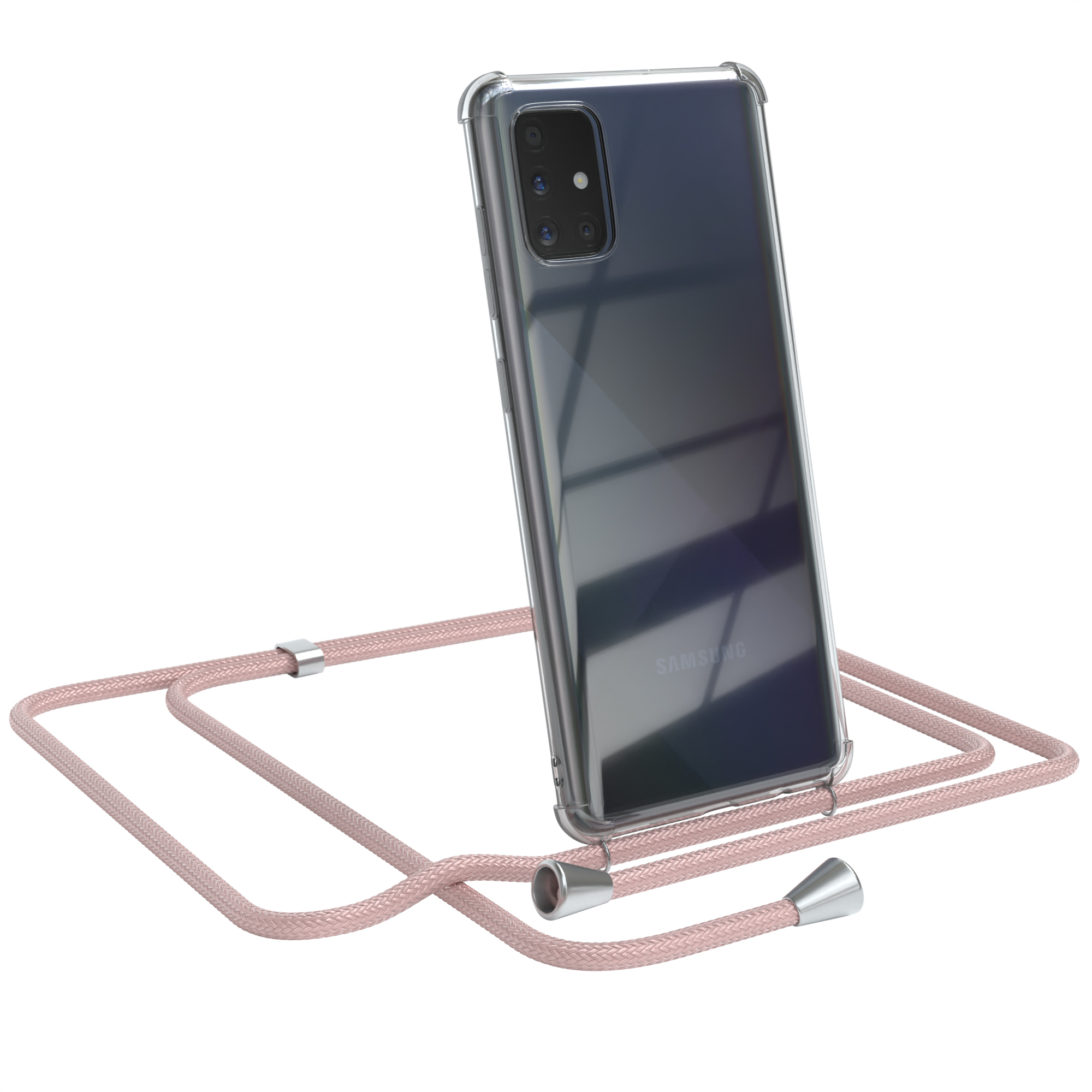 Schwarzes Telefon mit transparentem Gehäuse und rosa Riemen. Das Telefon ist abgewinkelt und zeigt Kamera.
