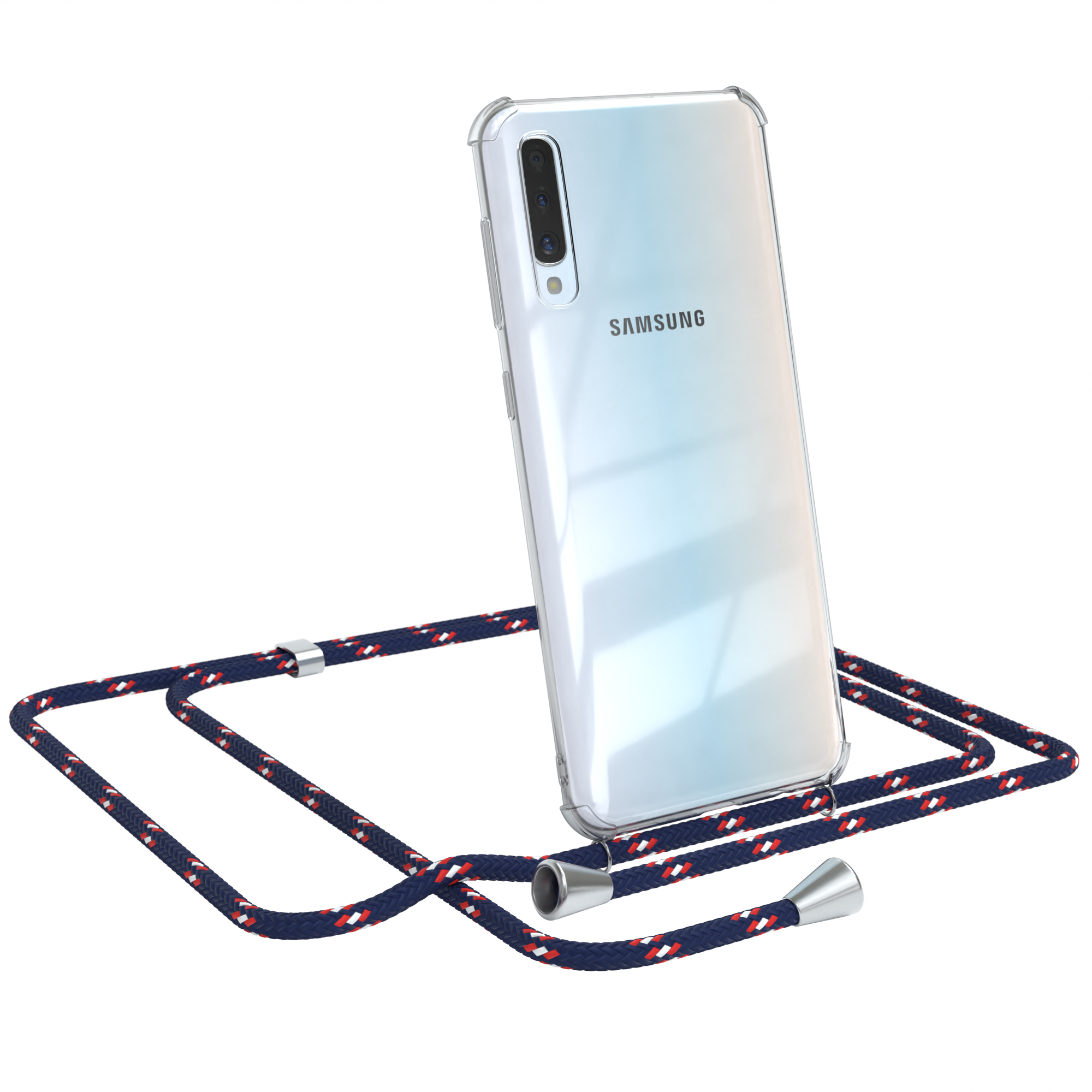 Samsung-Telefon in klarer Hülle mit blauem Lanyard. Weißer Hintergrund.