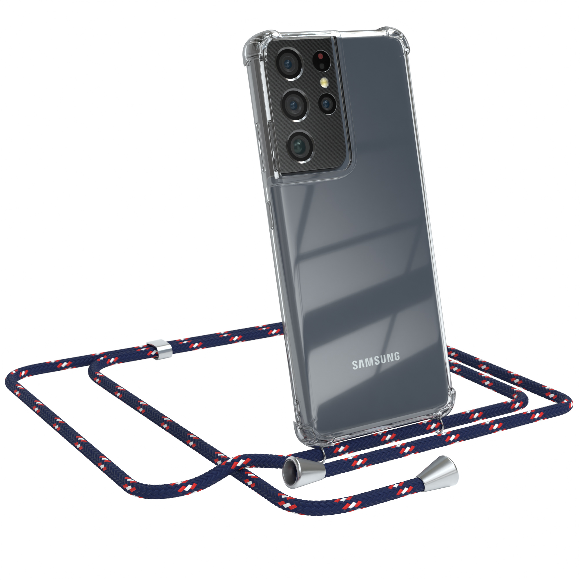 EAZY CASE Clear Umhängeband, 5G, Ultra Cover Clips mit Blau Camouflage Samsung, Umhängetasche, / Galaxy S21 Silber