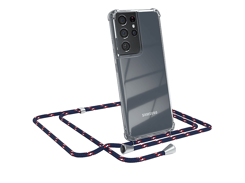 EAZY CASE Clear Cover mit Umhängeband, Umhängetasche, Samsung, Galaxy S21 Ultra 5G, Blau Camouflage / Clips Silber