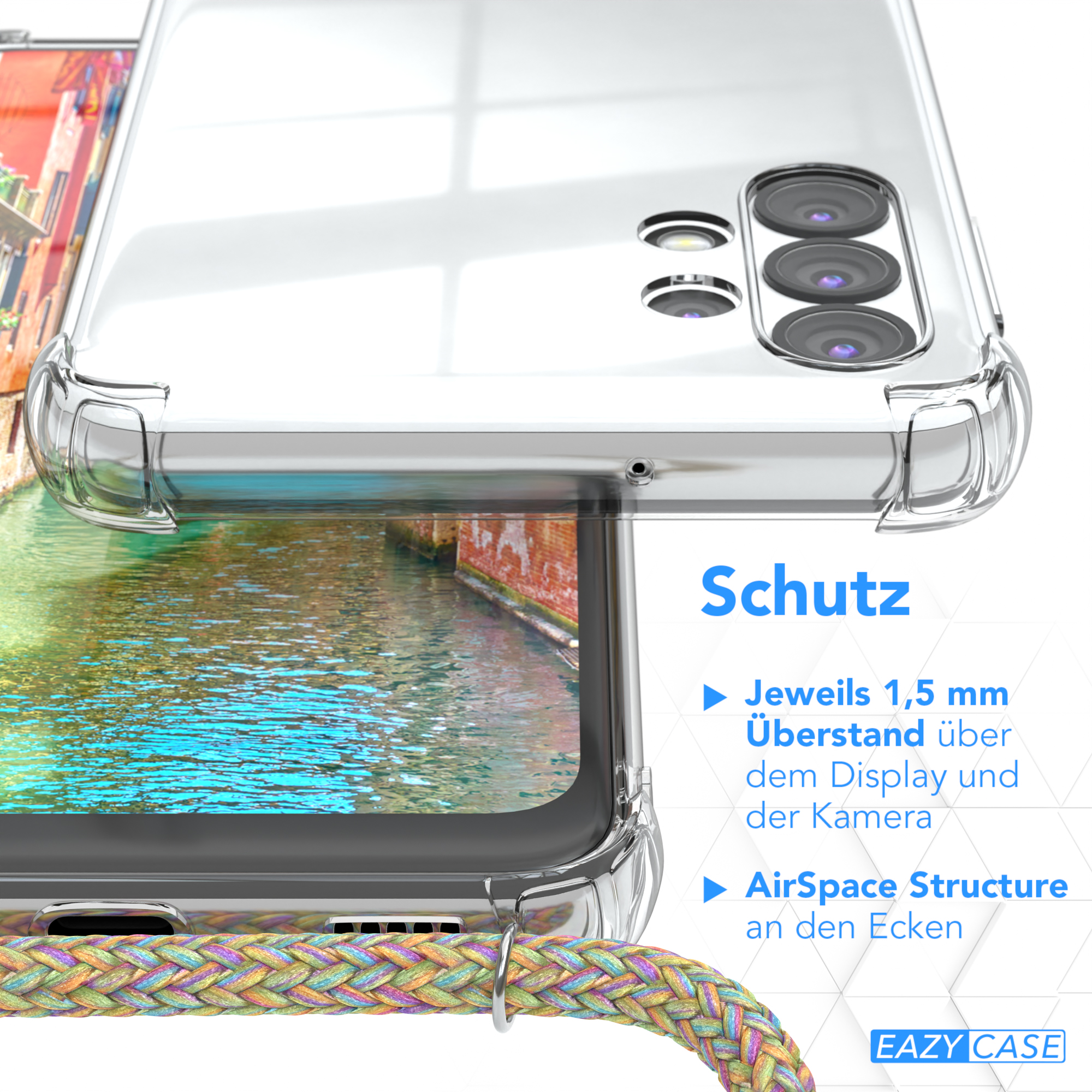 Nahaufnahme einer durchsichtigen Handyhülle. Die Hülle umgibt das Telefon, Kamera sichtbar.