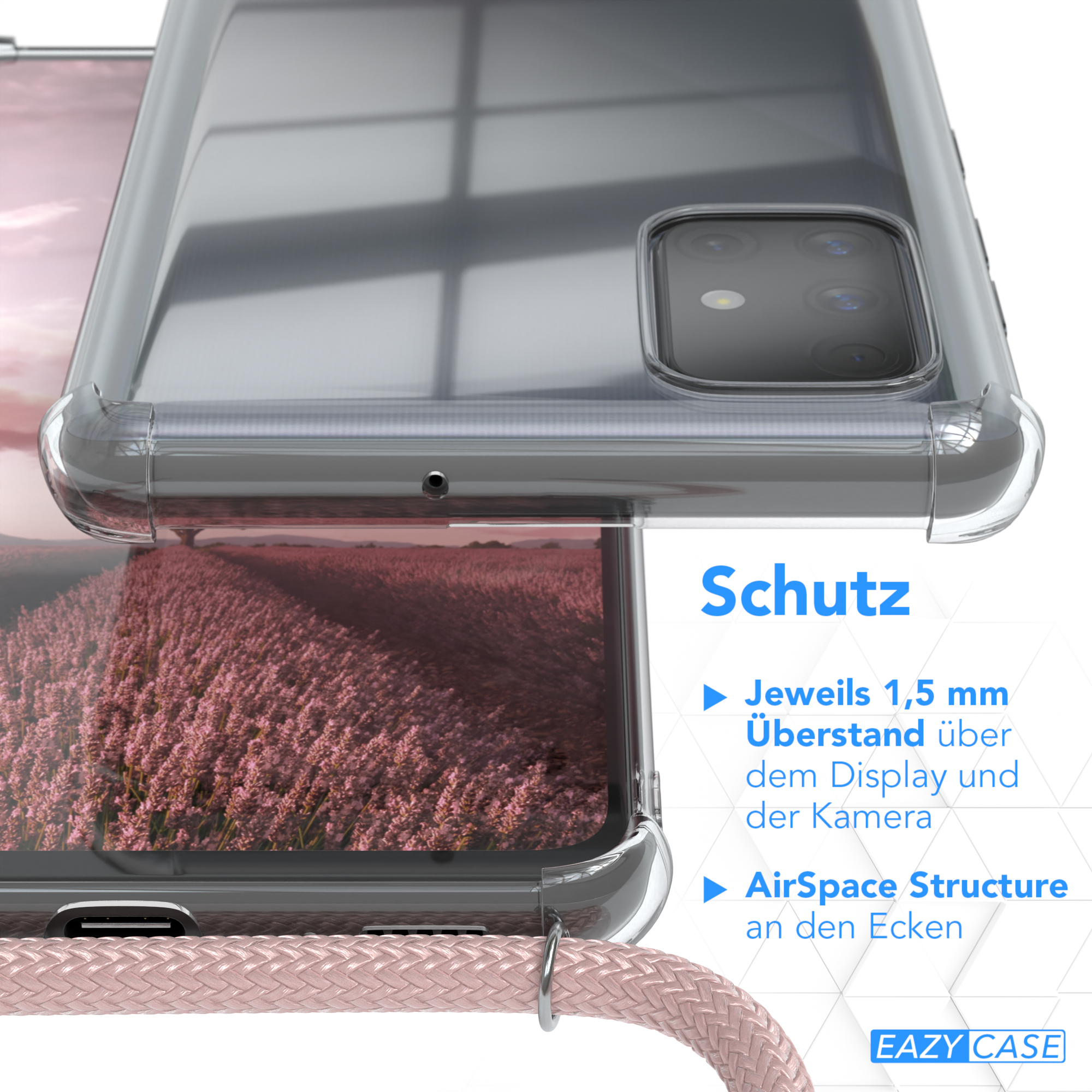 Nahaufnahme einer transparenten Handyhülle. Text: Schutz, 1,5 mm Überstand, AirSpace Structure. Rosa Lanyard.