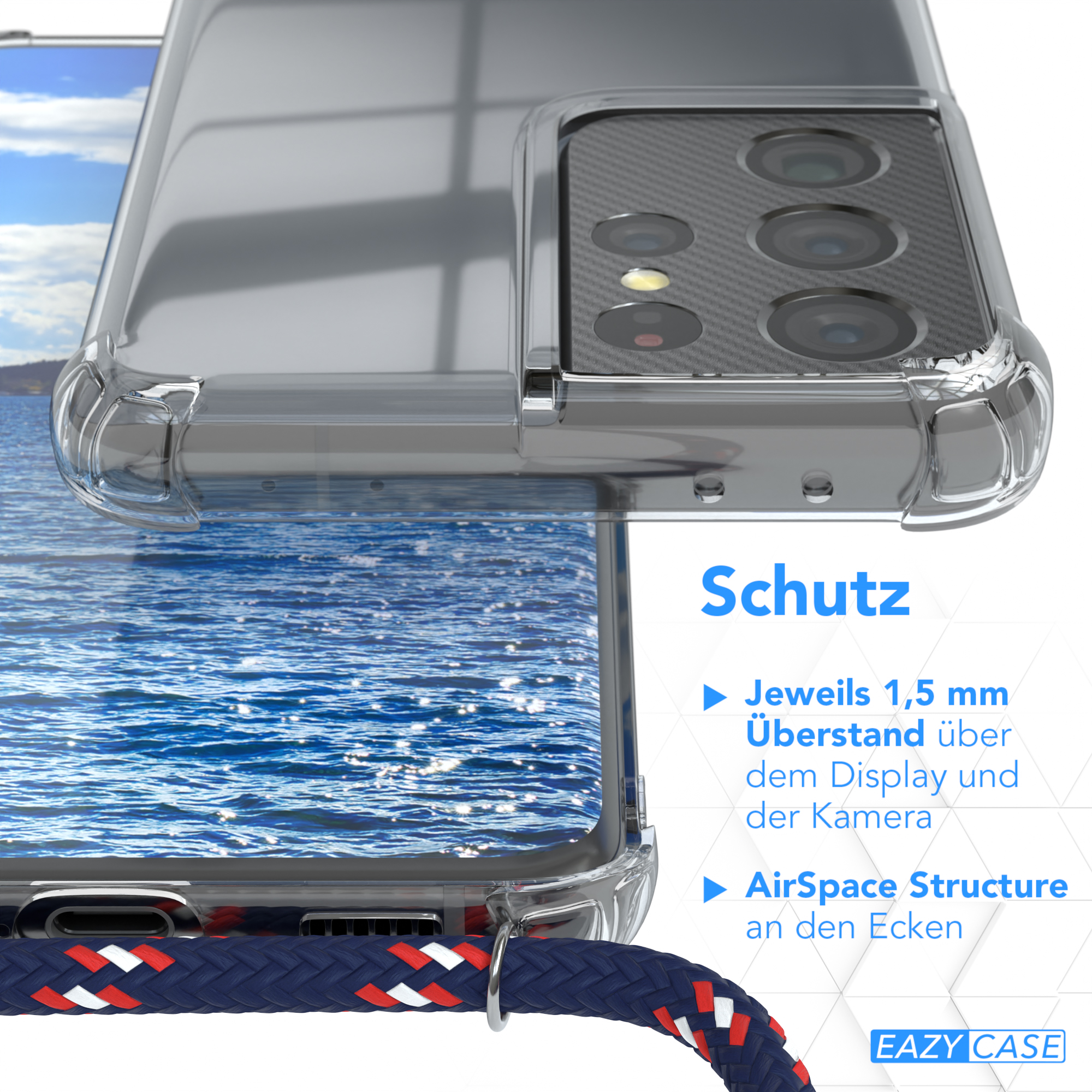 EAZY CASE Clear Cover Galaxy / Clips S21 Ultra Samsung, 5G, Silber mit Camouflage Blau Umhängetasche, Umhängeband