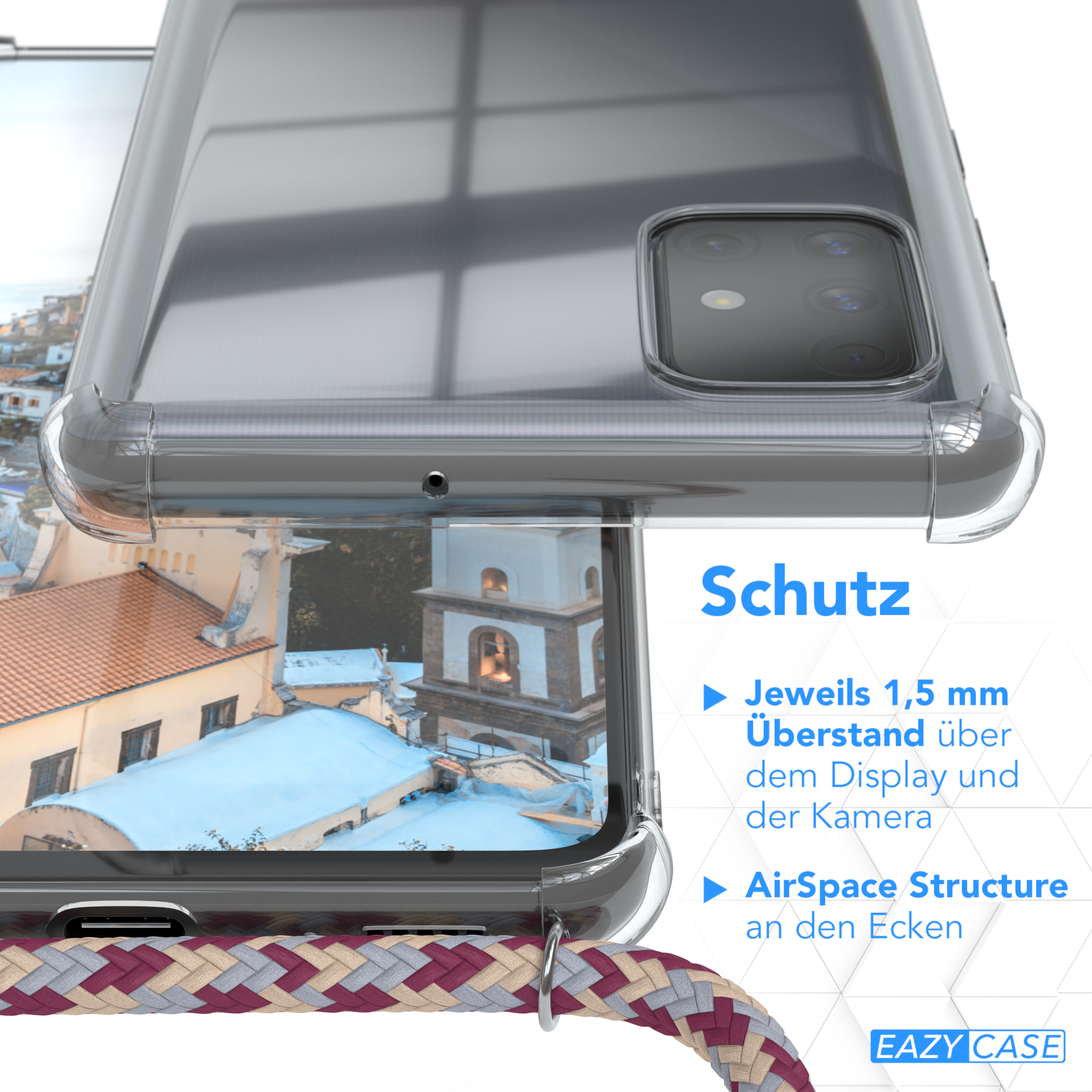 Transparente Handyhülle mit mehrfarbigem Band, Text 'Schutz' und Details.