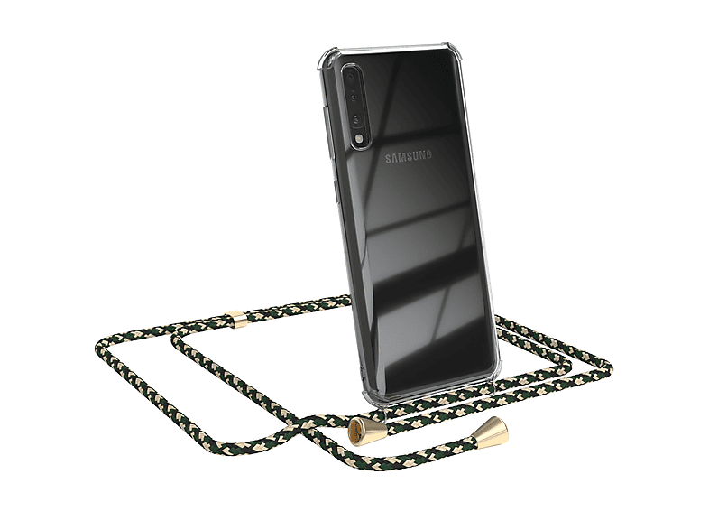EAZY CASE Clear Cover mit Umhängeband, Umhängetasche, Samsung, Galaxy A50 / A50s / A30s, Grün Camouflage / Clips Gold