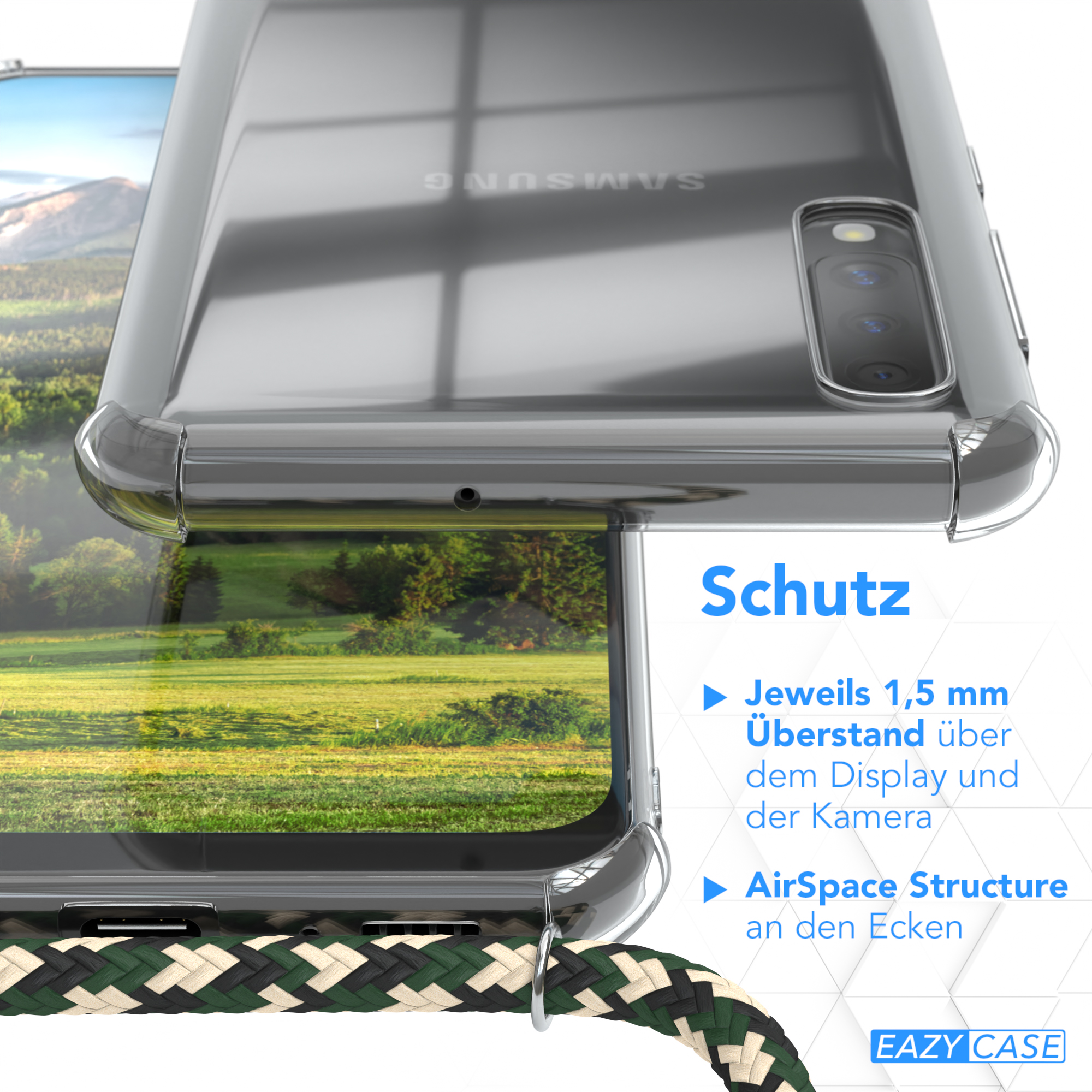 Nahaufnahme der Handyhülle. Die Handyhülle ist transparent und grün-weißes Kabel.