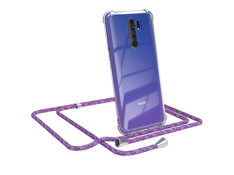 EAZY CASE Clear Cover mit Umhängeband, Umhängetasche, Xiaomi, Redmi 9 / Redmi 9 Prime, Lila / Clips Silber