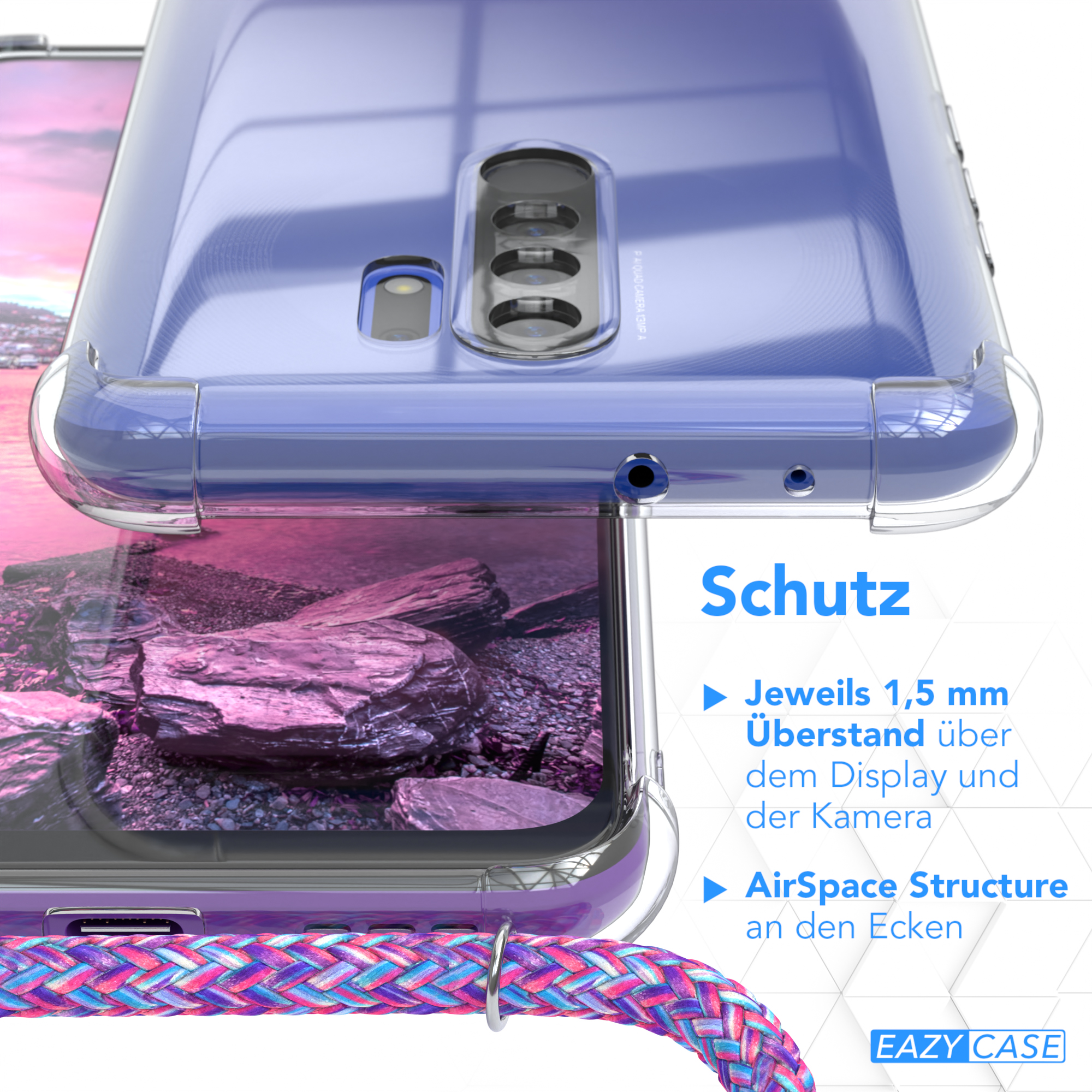 Klare Handyhülle auf dem Telefon. Merkmale: Bildschirmschutz und Eckluftstruktur. Eazy Case-Logo unten rechts.