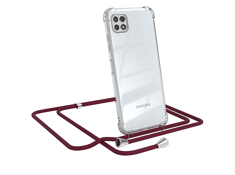 EAZY CASE Clear Cover mit Umhängeband, Umhängetasche, Samsung, Galaxy A22 5G, Bordeaux Rot / Clips Silber