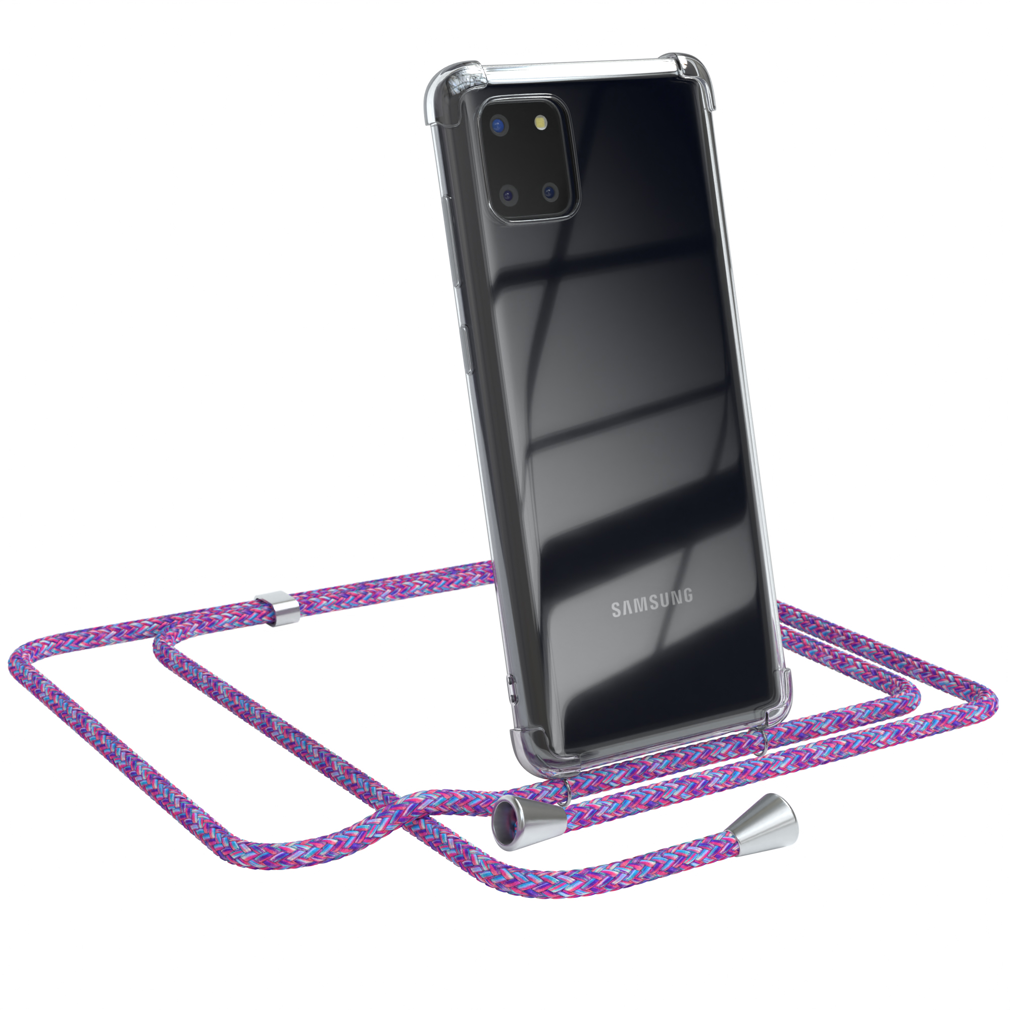 Transparente Handyhülle mit Telefon und lila Umhängeband auf weißem Grund.