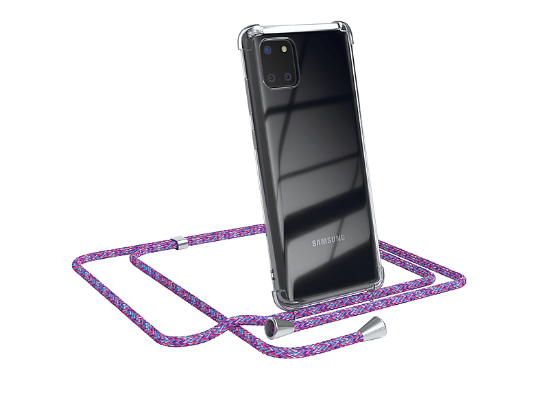 EAZY CASE Clear Cover mit Umhängeband, Umhängetasche, Samsung, Galaxy Note 10 Lite, Lila / Clips Silber