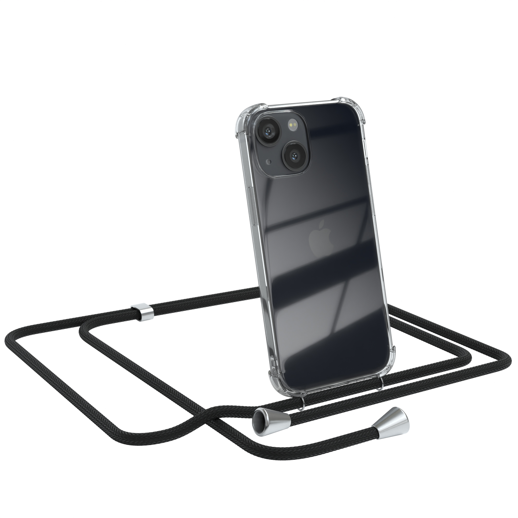 Transparente Handyhülle mit schwarzem Band. Ein Apple-Logo ist sichtbar.