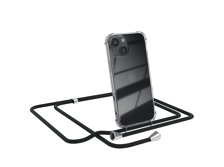 EAZY CASE Clear Cover mit Umhängeband, Umhängetasche, Apple, iPhone 13 Mini, Schwarz / Clips Silber