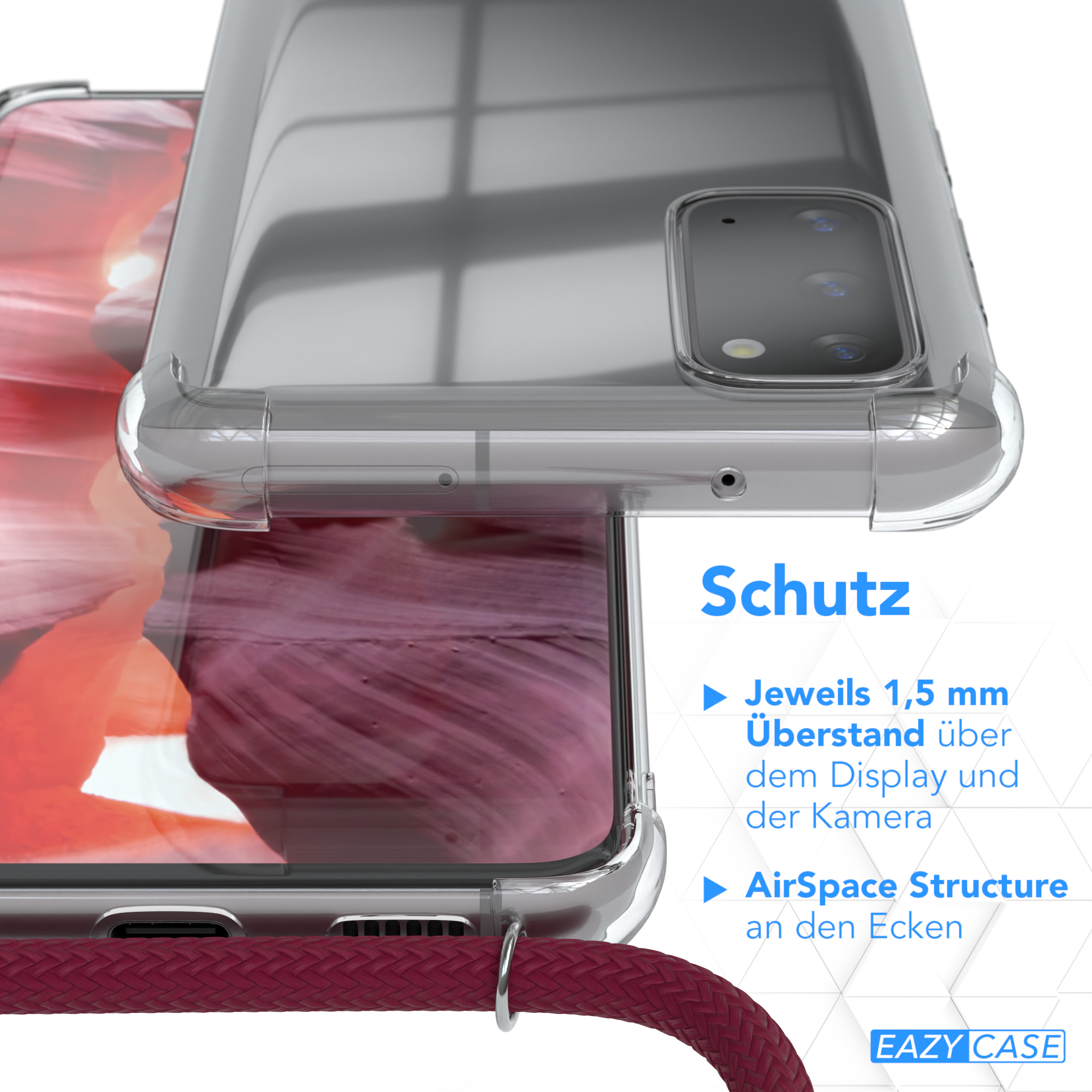 Nahaufnahme eines Telefons in einer transparenten Hülle, mit Text über Schutzfunktionen.