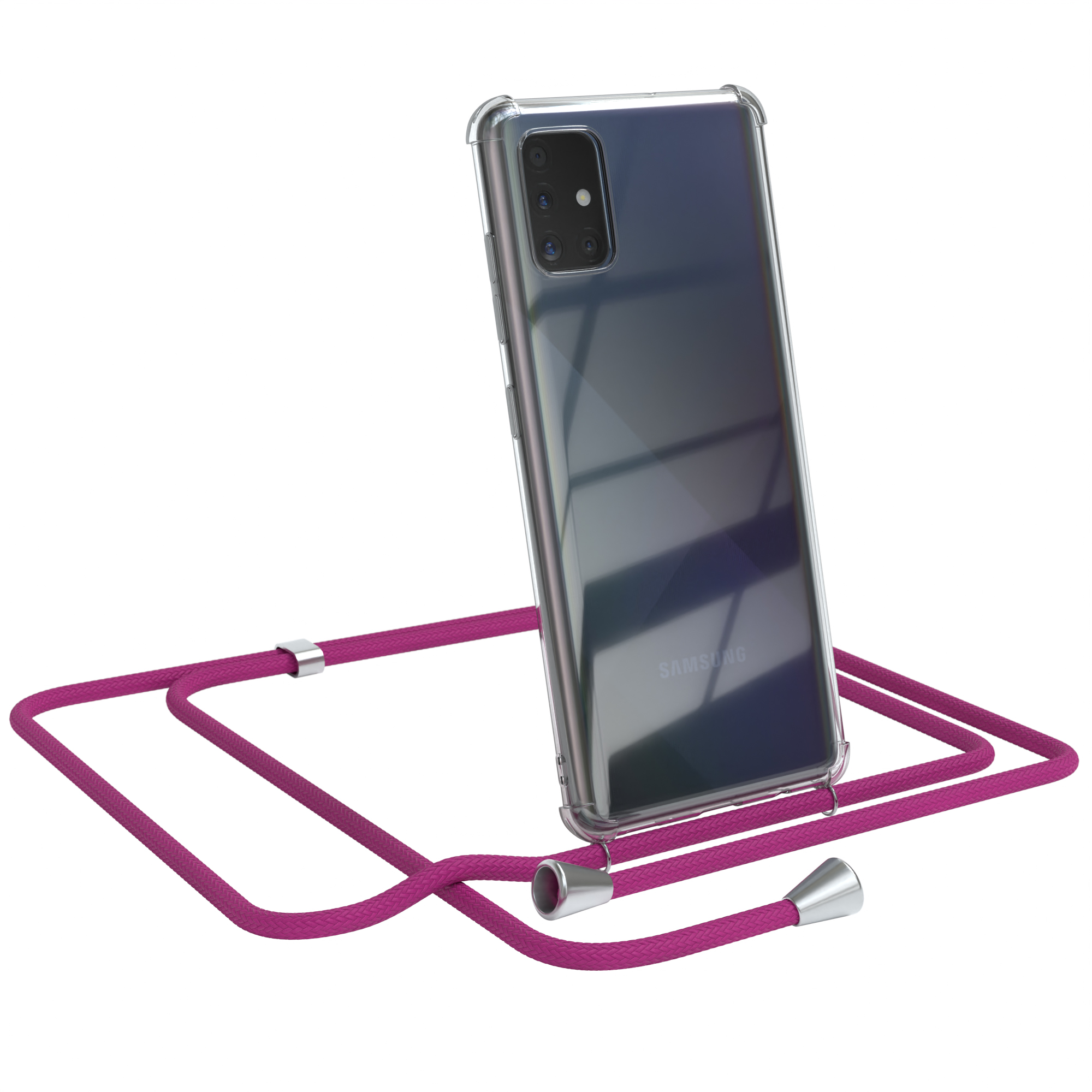 Rosa Riemen an einem Telefon mit transparentem Gehäuse. Samsung-Telefon.