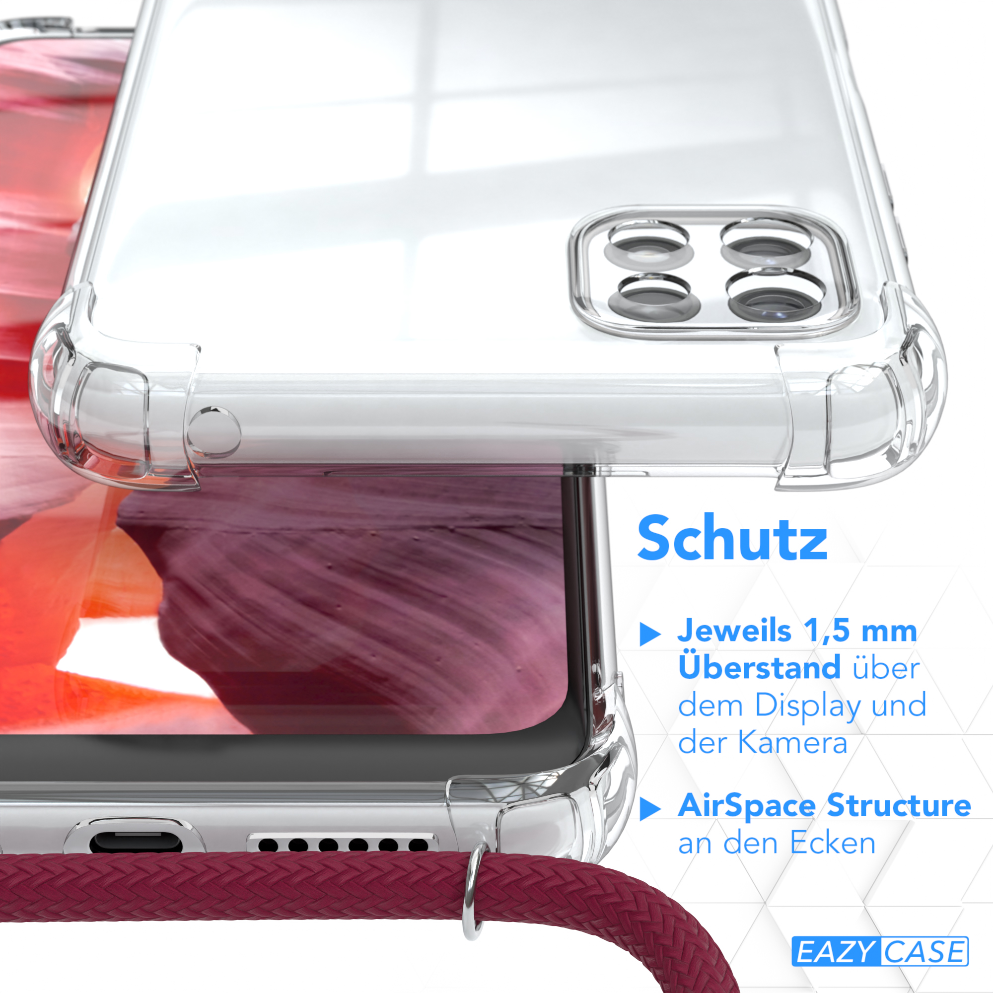 Transparente Handyhülle. Text: Schutz, 1,5 mm Bildschirm- & Kameraschutz, AirSpace Structure. Rotes Kabel.