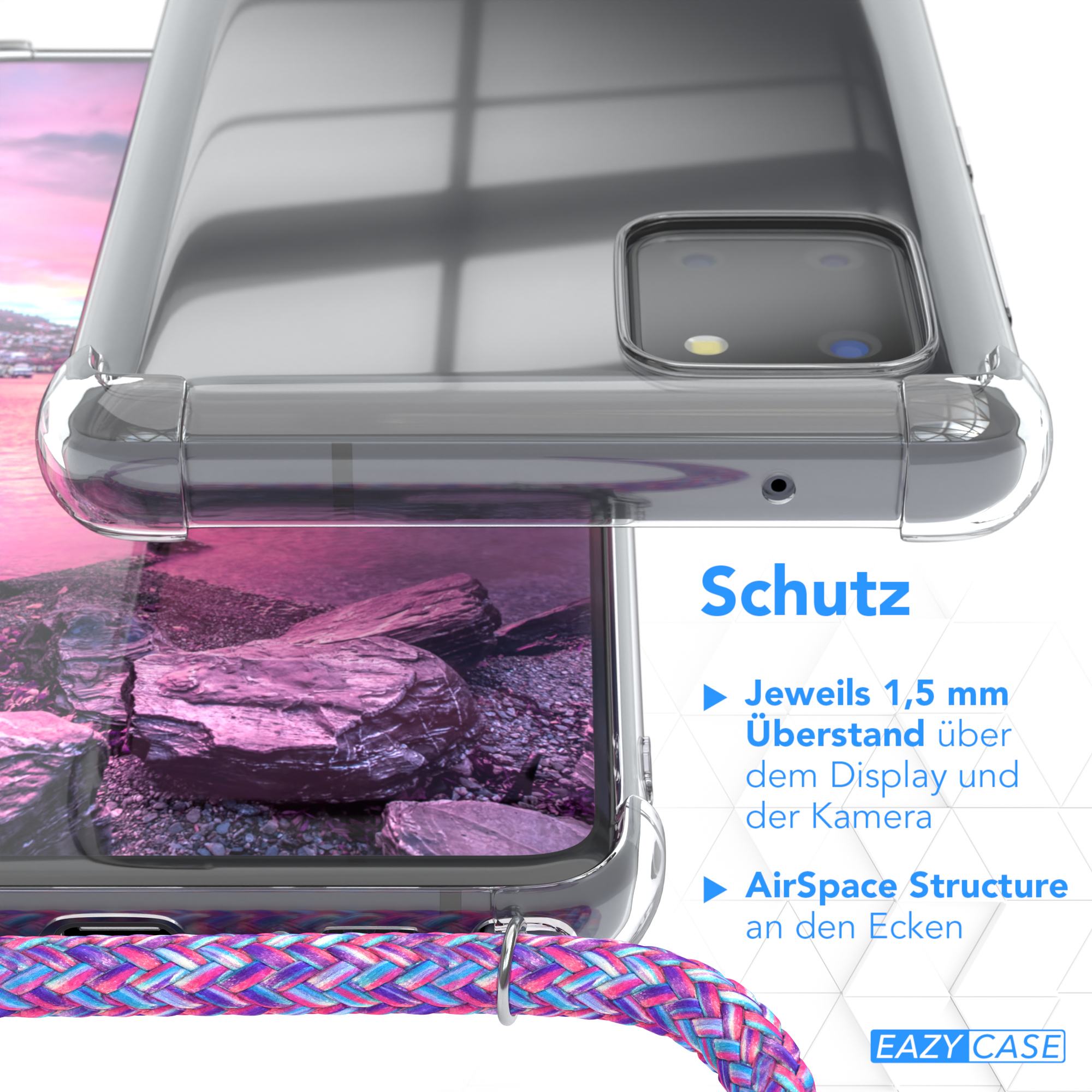 Nahaufnahme einer Handyhülle über dem Bildschirm, Schutzfunktionen. Eazy Case Logo unten.
