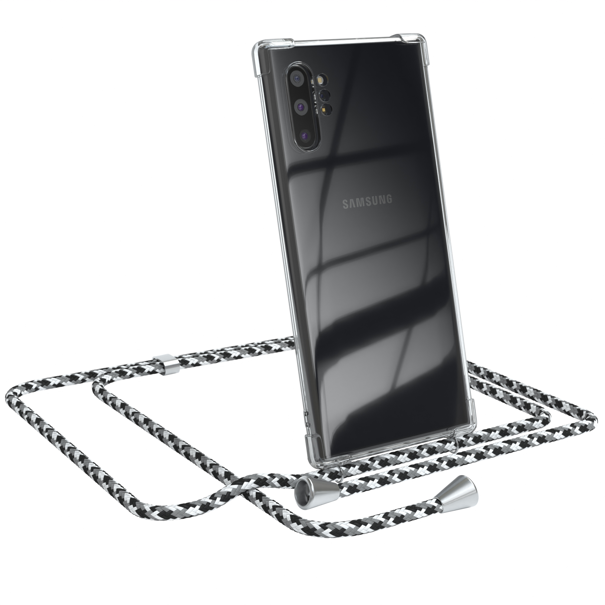 Samsung, mit Plus, EAZY Camouflage Galaxy Silber Note 10 Cover Umhängeband, Umhängetasche, Clips Clear CASE Schwarz /