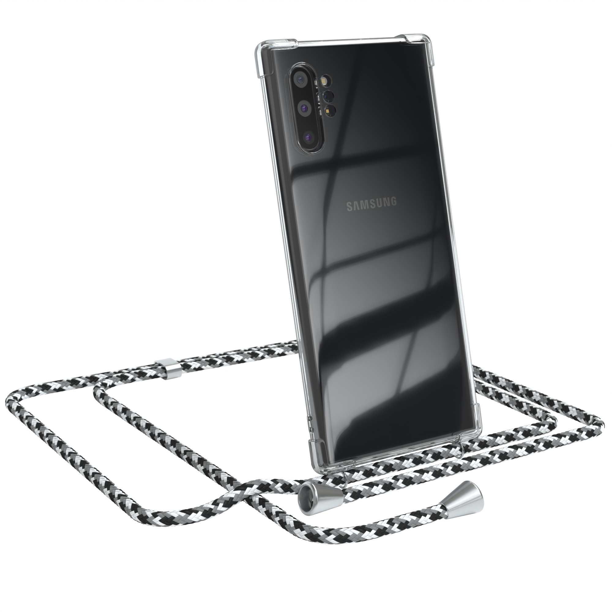 Transparente Handyhülle mit schwarz-weißem Band. Samsung-Logo sichtbar. Weißer Hintergrund. Abgewinkelt.