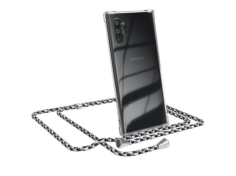 EAZY CASE Clear Cover mit Umhängeband, Umhängetasche, Samsung, Galaxy Note 10 Plus, Schwarz Camouflage / Clips Silber