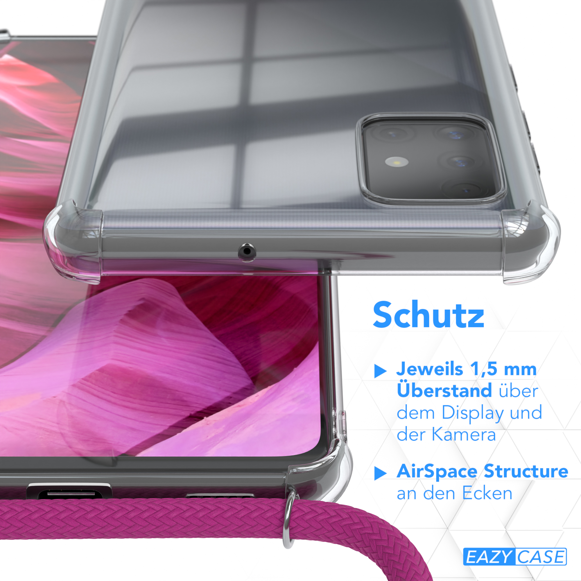 Nahaufnahme von Handyhülle und Telefon. Text: Schutz, 1,5 mm über Display und Kamera.