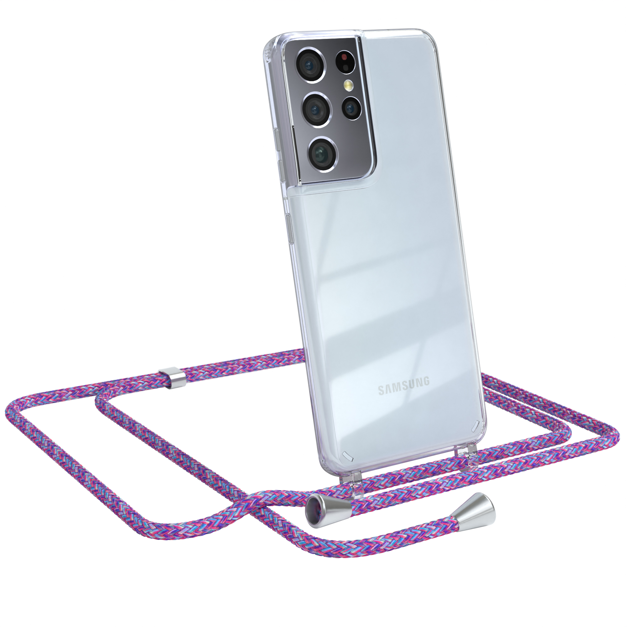 EAZY CASE Clear Cover Lila Umhängeband, Galaxy Samsung, / S21 Umhängetasche, 5G, Ultra mit Clips Silber