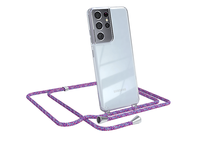 EAZY CASE Clear Cover mit Umhängeband, Umhängetasche, Samsung, Galaxy S21 Ultra 5G, Lila / Clips Silber