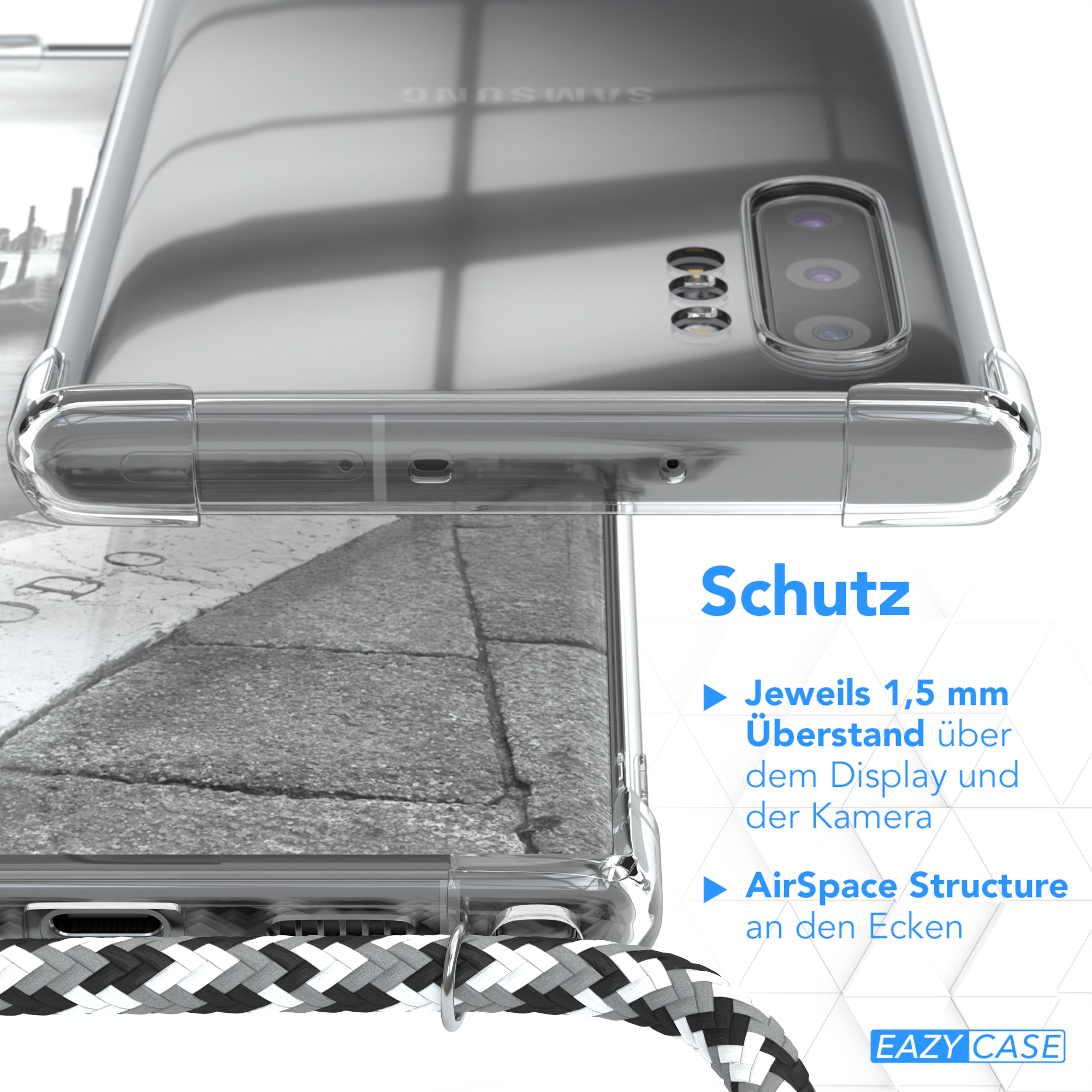 Nahaufnahme einer Handyhülle. Text beschreibt Schutzfunktionen: erhöhte Kanten und Struktur.