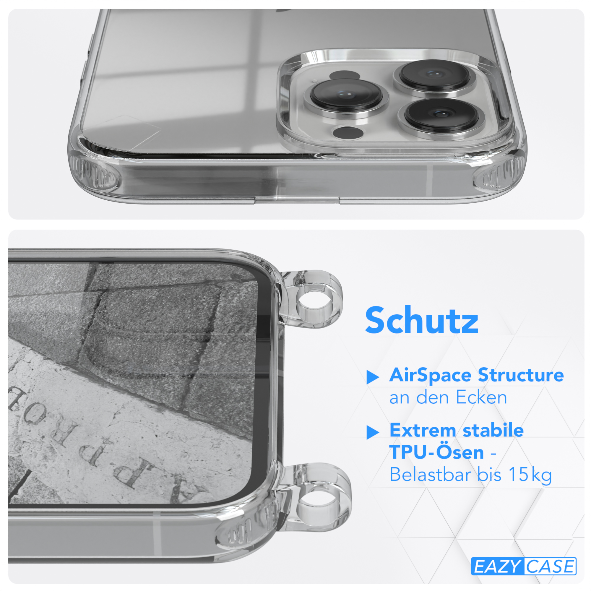 Nahaufnahme einer transparenten Handyhülle mit grauem Hintergrund. Text: AirSpace Structure und TPU-Ösen.