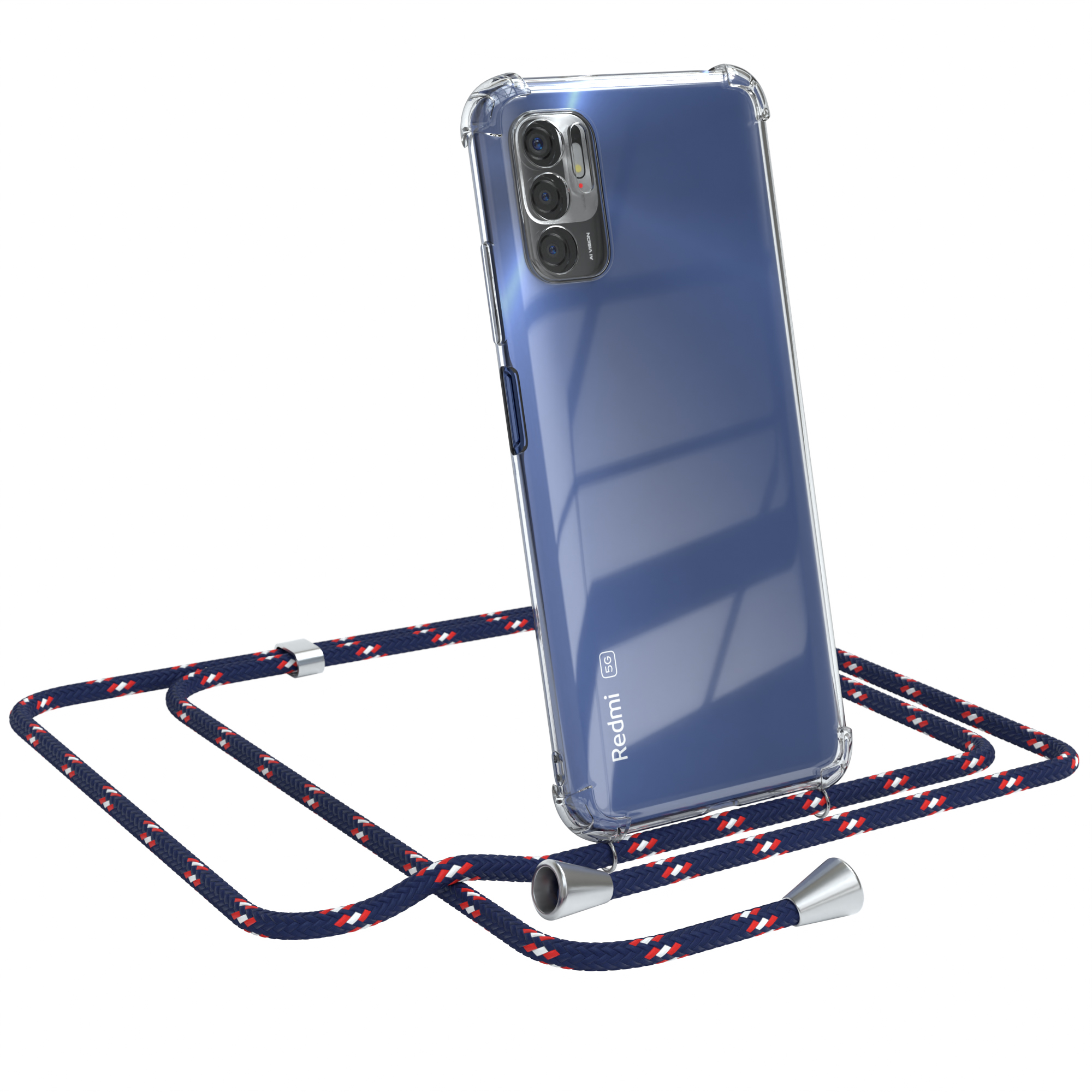 Transparente Handyhülle mit blau-rotem Band. Das Telefon ist geneigt.