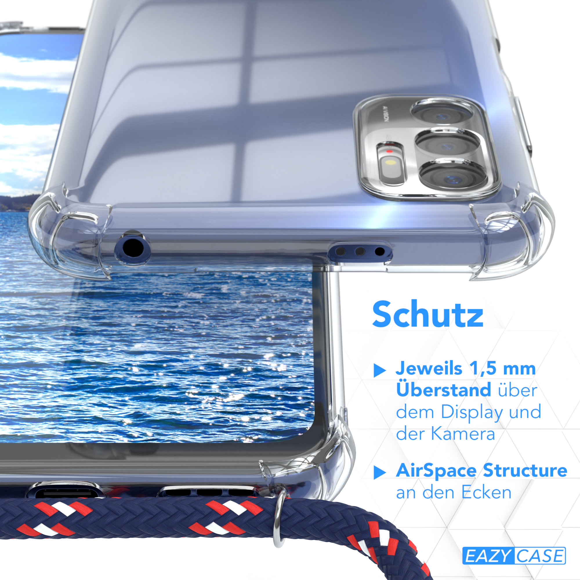 EAZY CASE Clear Cover Note mit 5G, Umhängetasche, Redmi Umhängeband, Silber 10 / Camouflage Blau Clips Xiaomi
